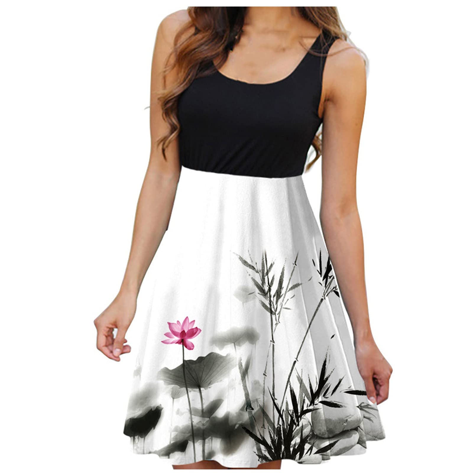 Cottagecore Dress for Women - Floral Stitching Print Round Neck Sleeveless Casual Summer Dress | Perfect for Picnics, Garden Parties & Boho Fashion