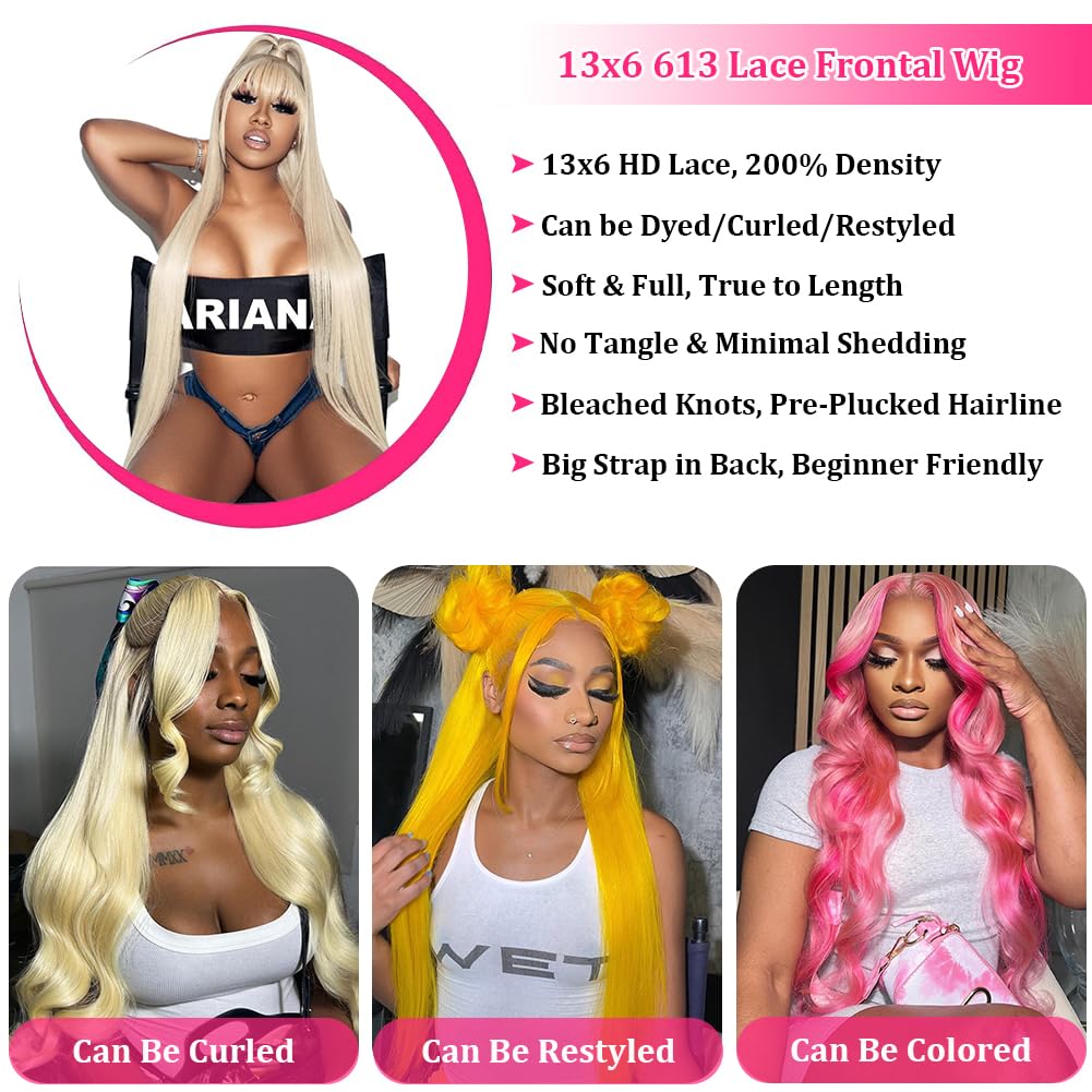 28 Inch 13x6 HD Lace Front Wig Human Hair Straight Blonde 200 Density Pre-Plucked with Baby Hair - Natural Look for Daily Wear, Cosplay & Special Occasions