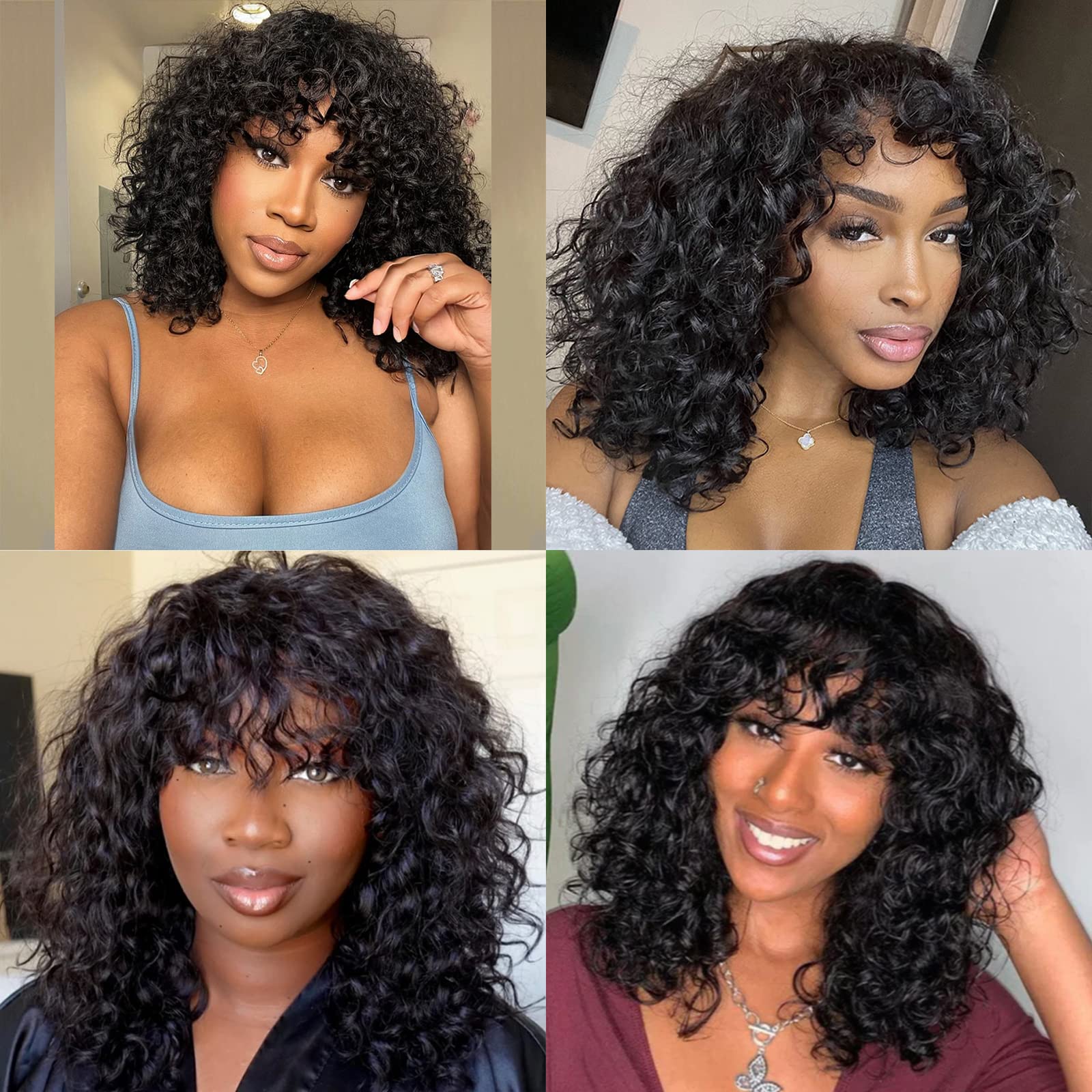 200 Density Brazilian Remy Human Hair Wig with Bangs & Scalp Top - Short Curly Machine Made Wig for Women (14 Inch, Natural Color) | Perfect for Daily Wear, Cosplay & Special Occasions