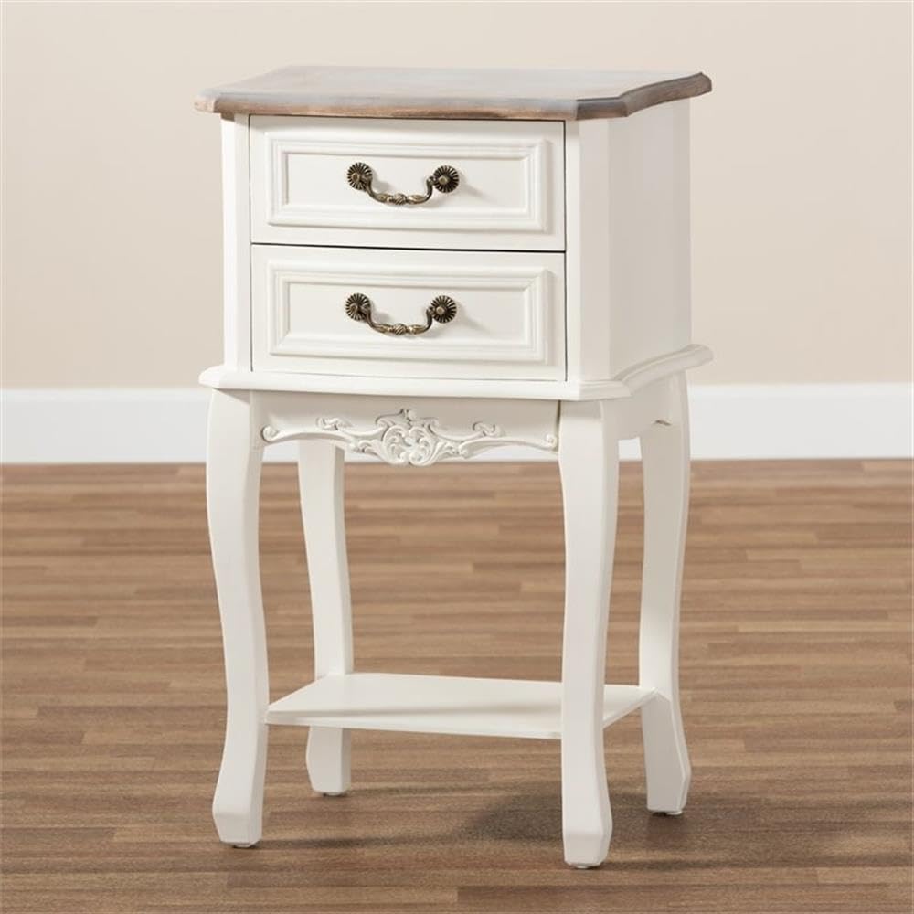 BOWERY HILL White Oak Wood Nightstand with 2 Drawers - Modern Bedside Table for Bedroom, Living Room, or Office Storage