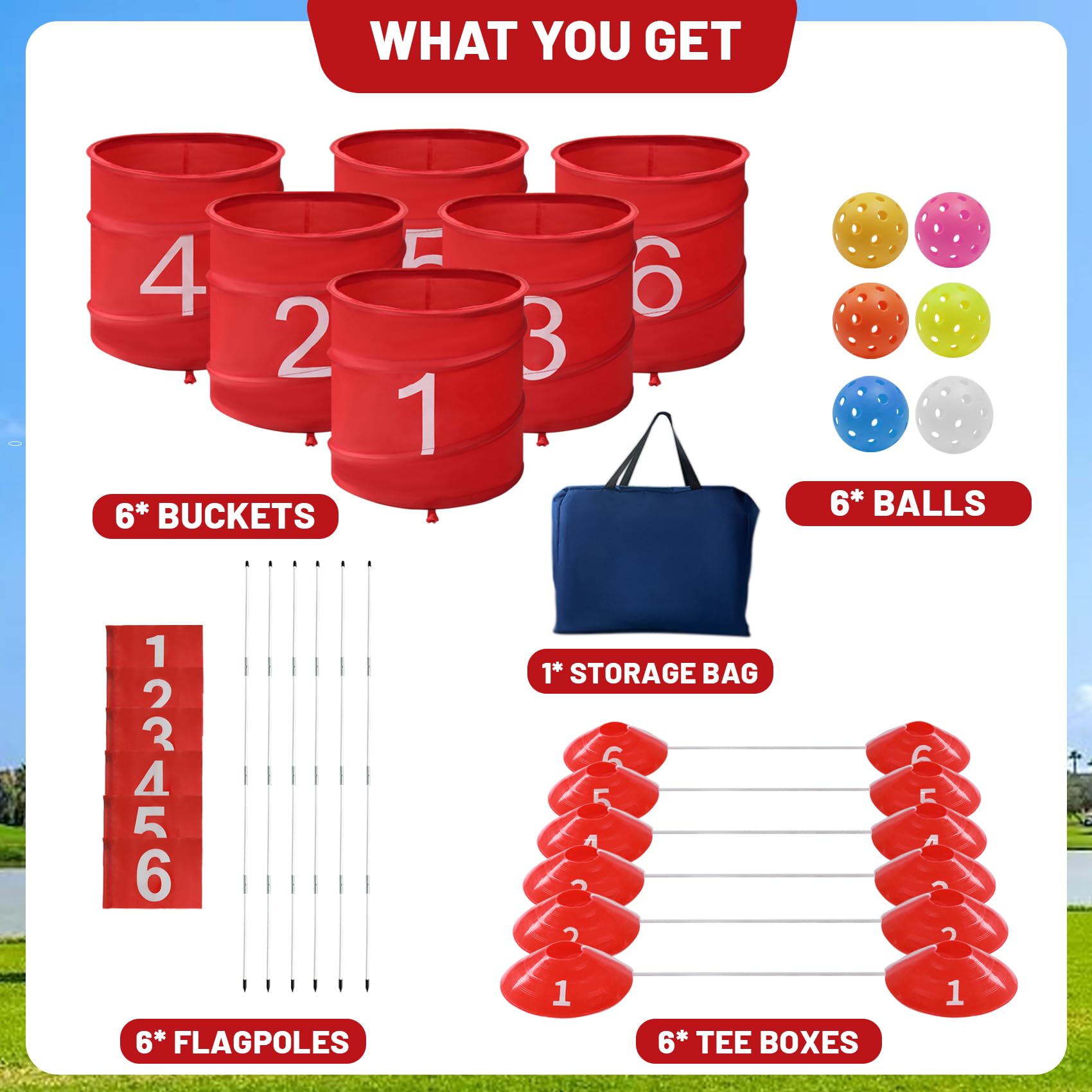 **Premium 6-Hole Golf Bucket Yard Game Set with Balls & Flag – Portable Outdoor & Indoor Golf Course for Adults & Family – Perfect for Lawn, Park, Beach, Camping, Hotel & Backyard Fun**