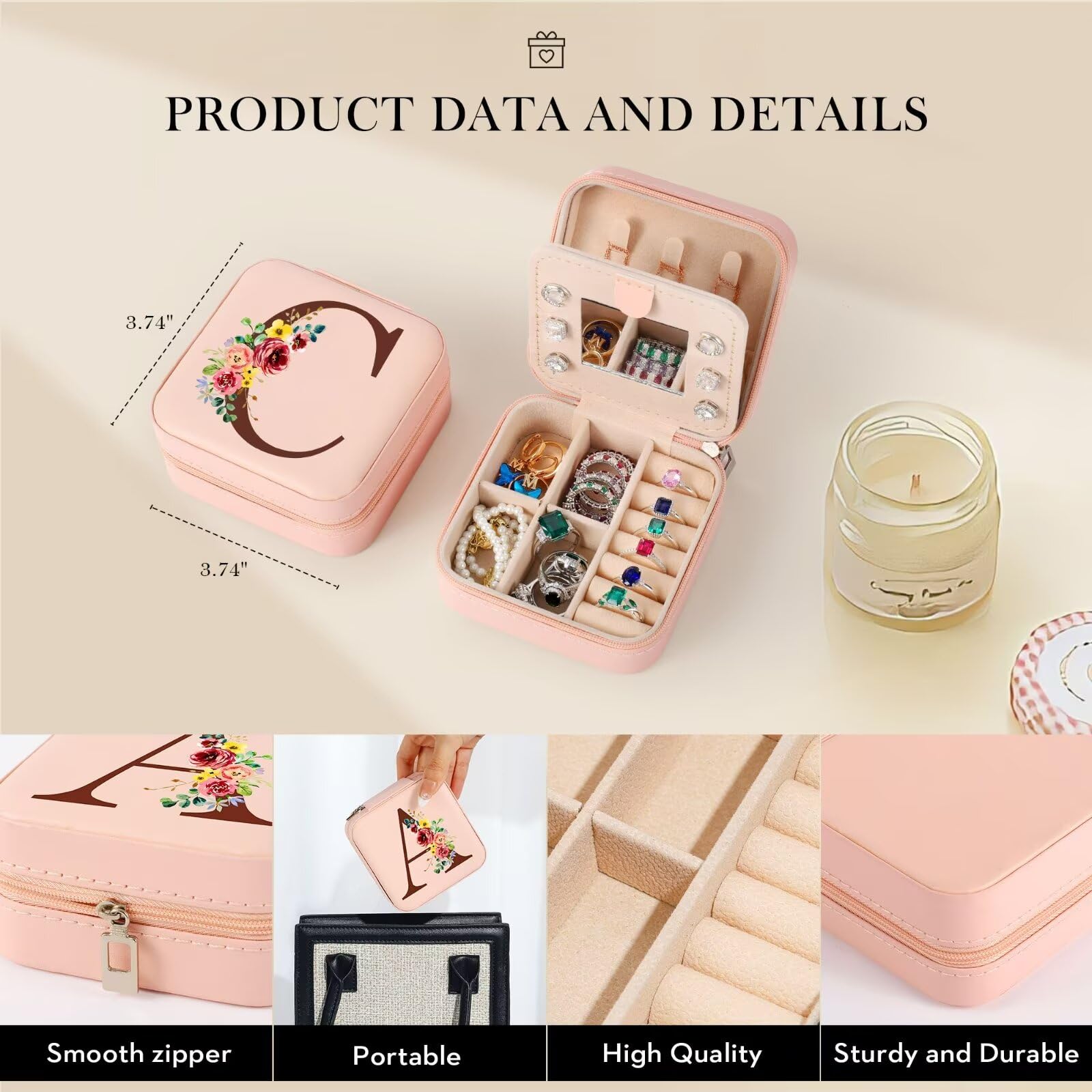 Personalized Pink Initial Jewelry Case for Women - Letter L Travel Jewelry Organizer Box, Unique Birthday Gift Idea for Her, Perfect for Travel, Home Storage & Special Occasions