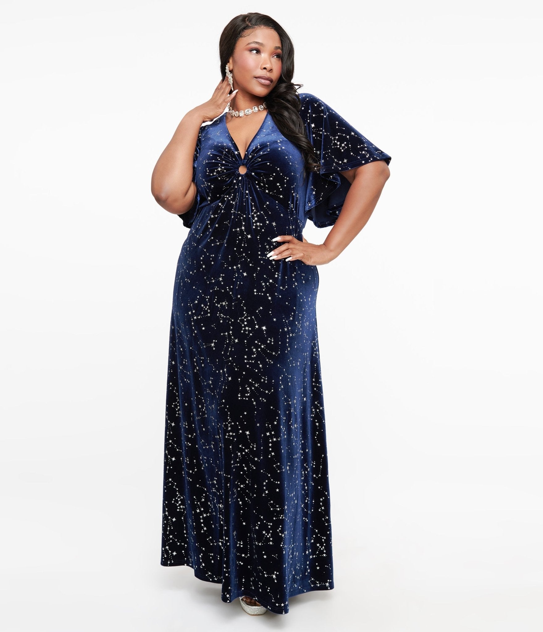 Smak Parlour Plus Size 1970s Blue Velvet Silver Stars Cutout Maxi Dress | Vintage Inspired Evening Gown for Women | Perfect for Parties, Weddings & Special Occasions