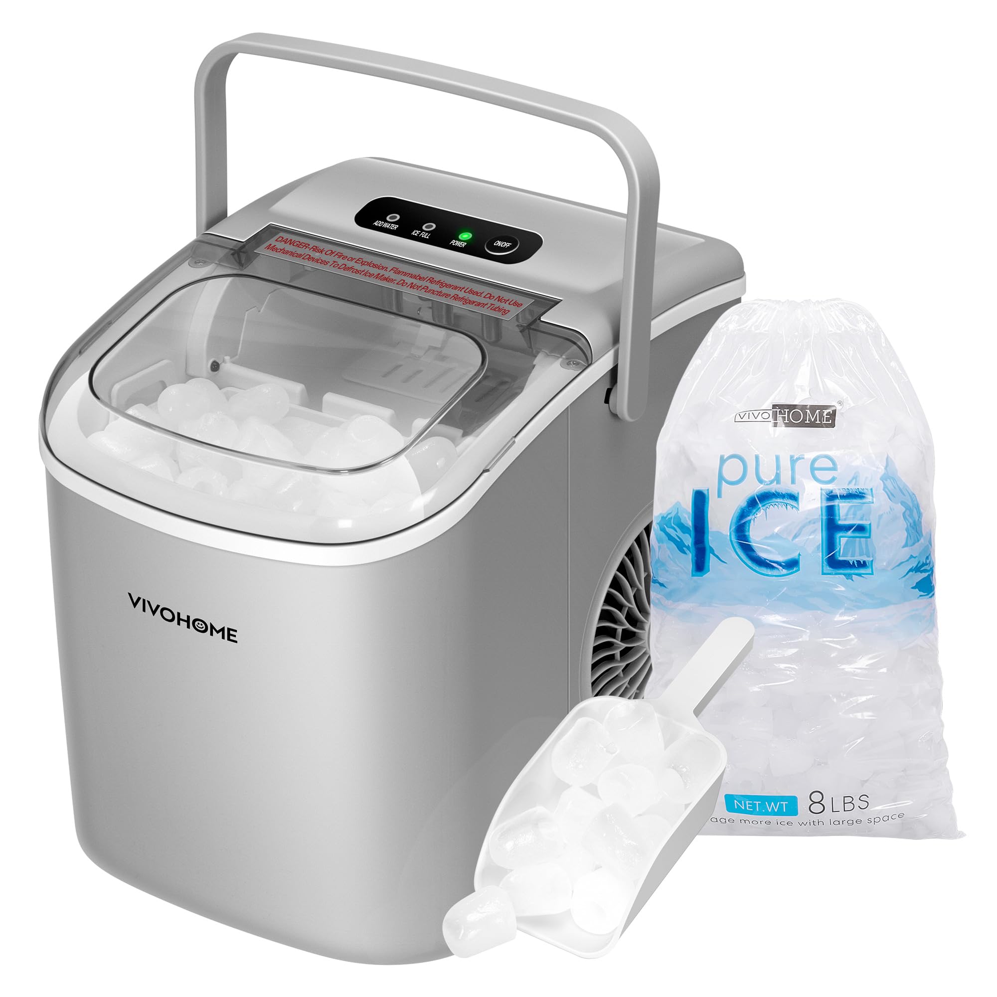VIVOHOME 26lbs/Day Portable Ice Maker Machine - Compact Countertop Automatic Ice Cube Maker with Self-Cleaning Function, Scoop & 10 Ice Bags - Perfect for Home, Office, RV, Boat & Outdoor Parties (Silver)