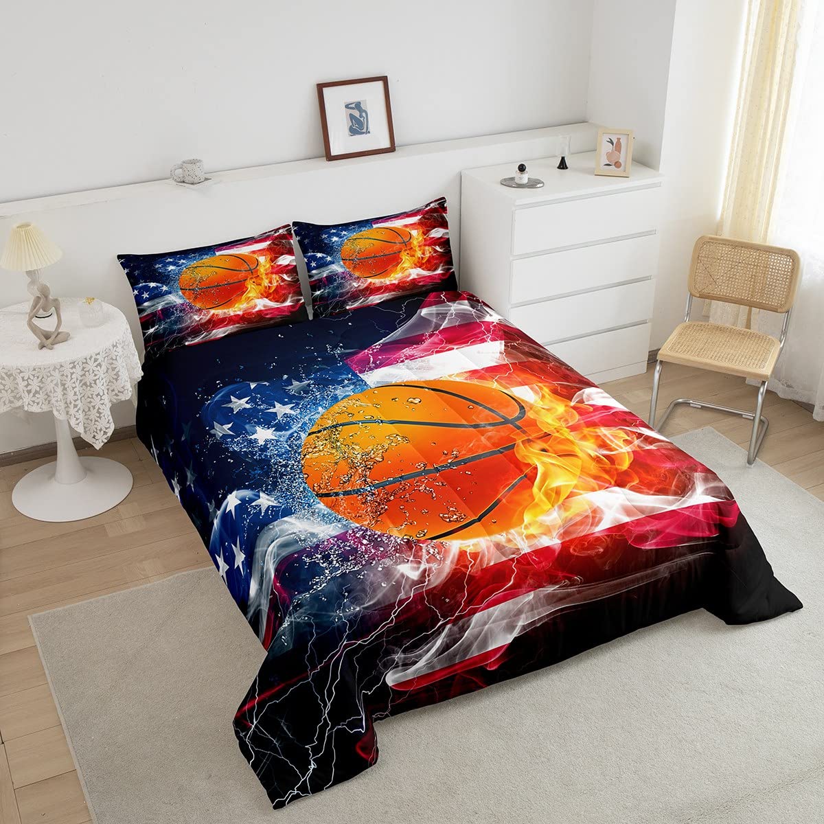 USA Flag Comforter Set - Water & Fire Lightning Basketball Theme Bedding | Red & White Striped Quilted Duvet with 2 Pillowcases - Queen Size for Adults & Teens | Perfect for Patriotic Bedrooms, Dorm Rooms & Sports Fans
