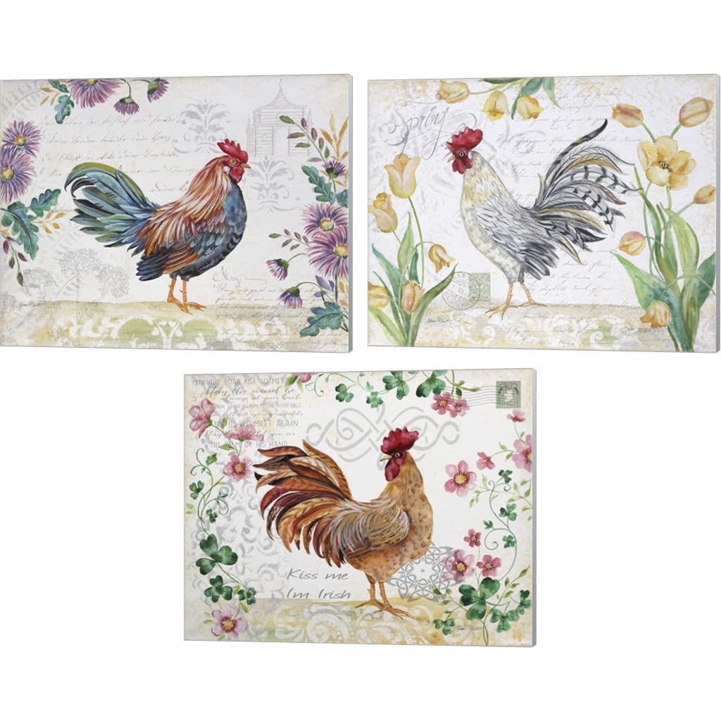 Jean Plout Seasonal Rooster 3-Piece Canvas Wall Art Set - 15x12 Inch Farmhouse Kitchen Decor for Dining Room, Country Home & Rustic Interior Design