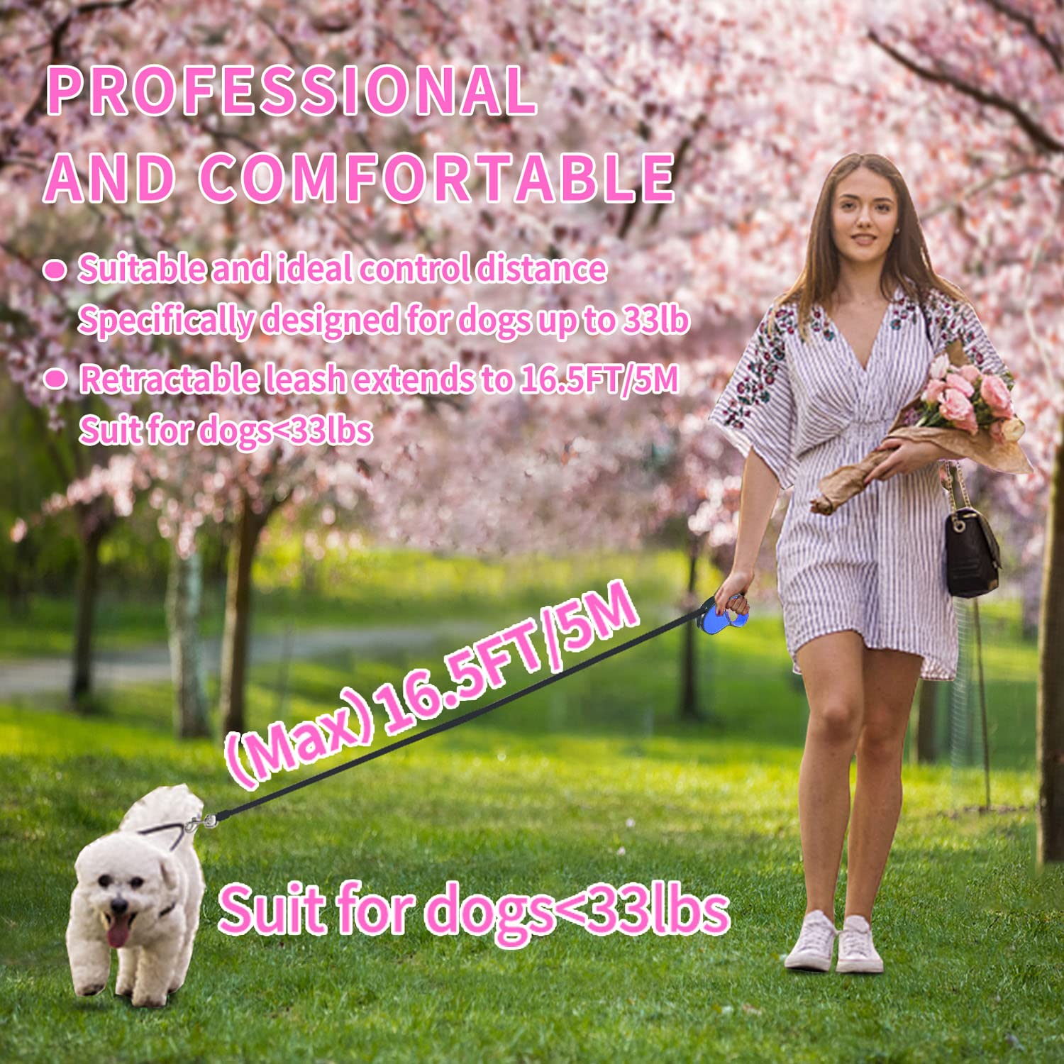 Retractable Dog Leash for Small & Medium Dogs - 16ft Strong Nylon Tape with One-Hand Lock, Tangle-Free 360° Design & Anti-Slip Handle - Perfect for Walking, Training & Outdoor Adventures (Navy Blue Gift Package)