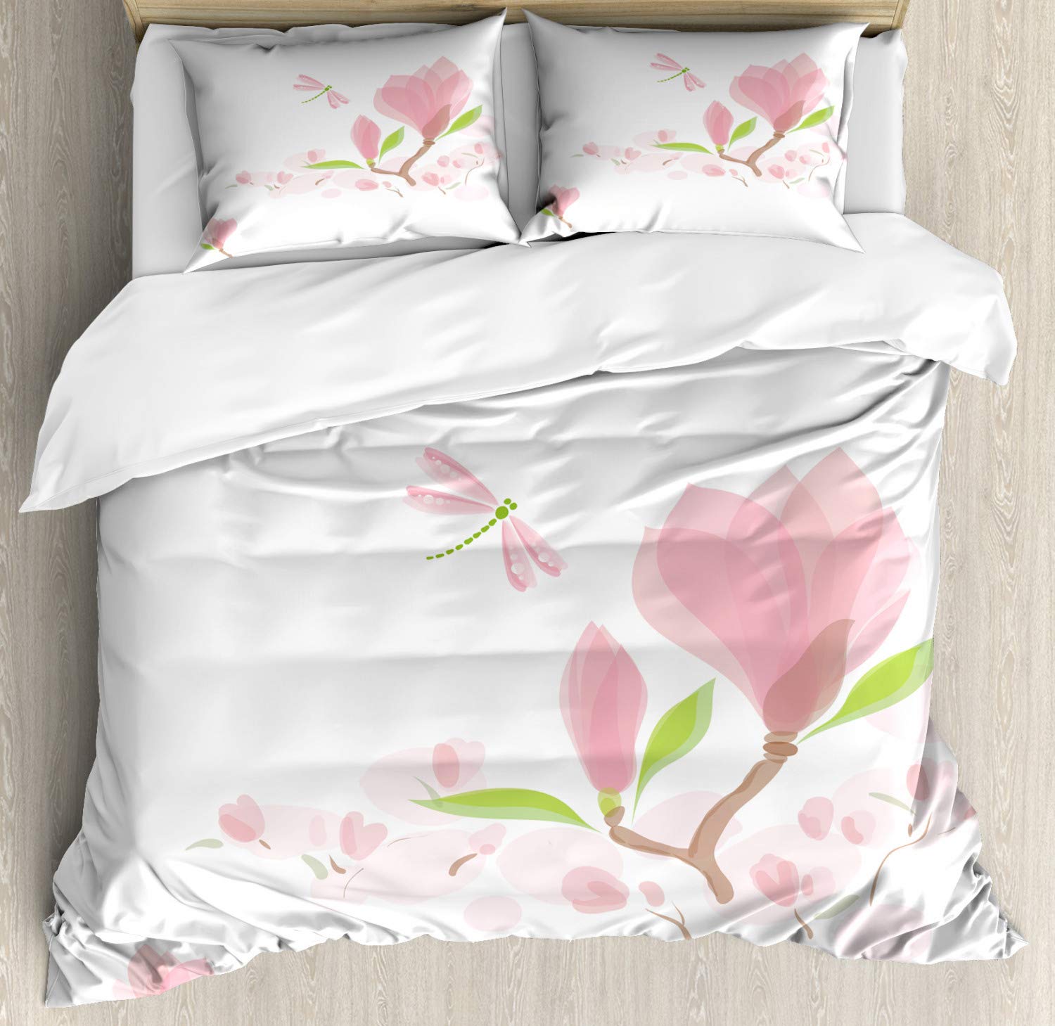 Ambesonne Dragonfly Duvet Cover Set - Queen Size 2-Piece Bedding Set with 4 Pillowcases, Soft Pink & Lime Green Floral Design, Spring Theme Bedroom Decor for Romantic & Cozy Home