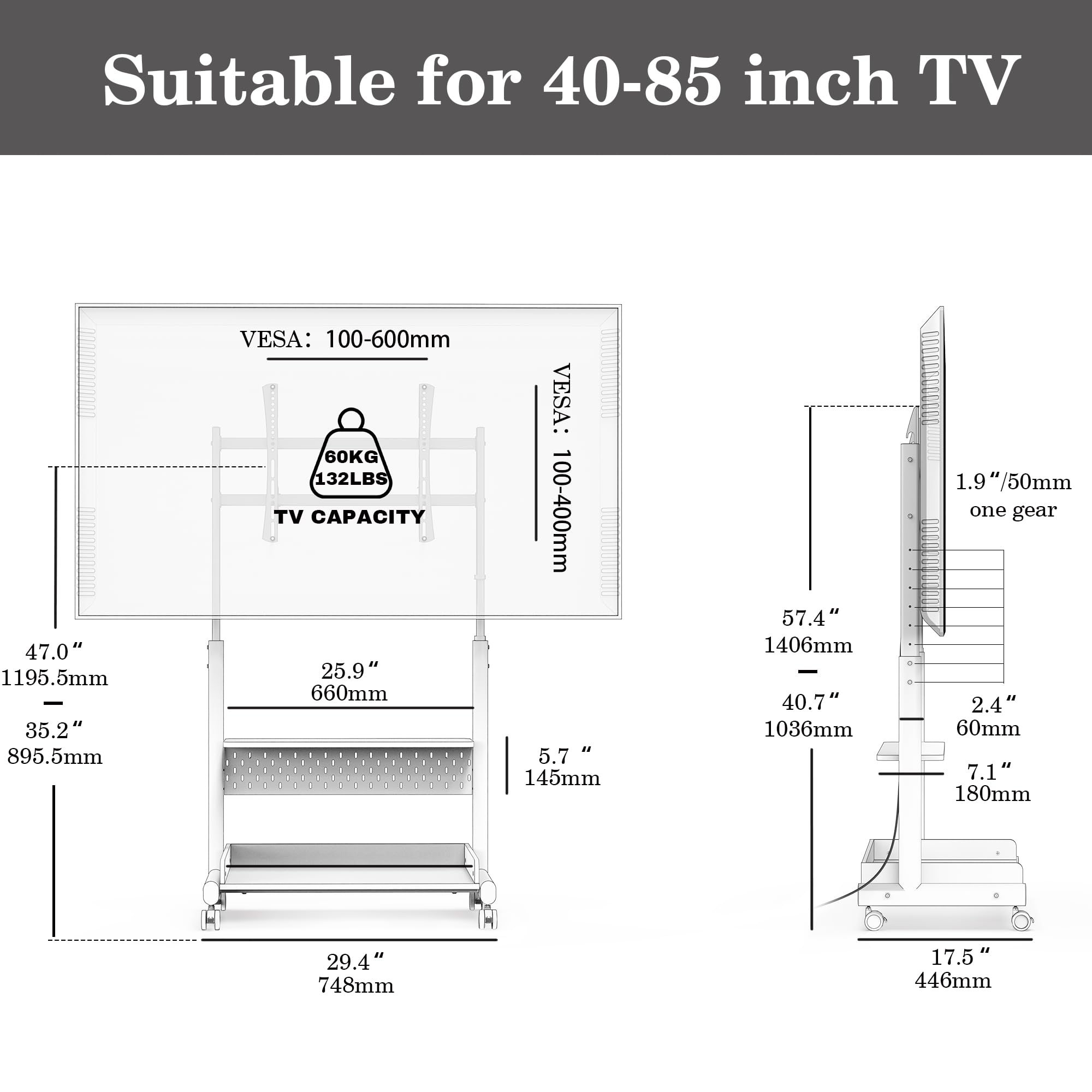 FITUEYES Universal TV Stand with Wheels for 40-85 Inch LED LCD Flat Screen TVs - Corner TV Stand with Storage Shelves, Peg Board & Wooden Shelf - Perfect for Living Room, Bedroom or Home Theater Setup