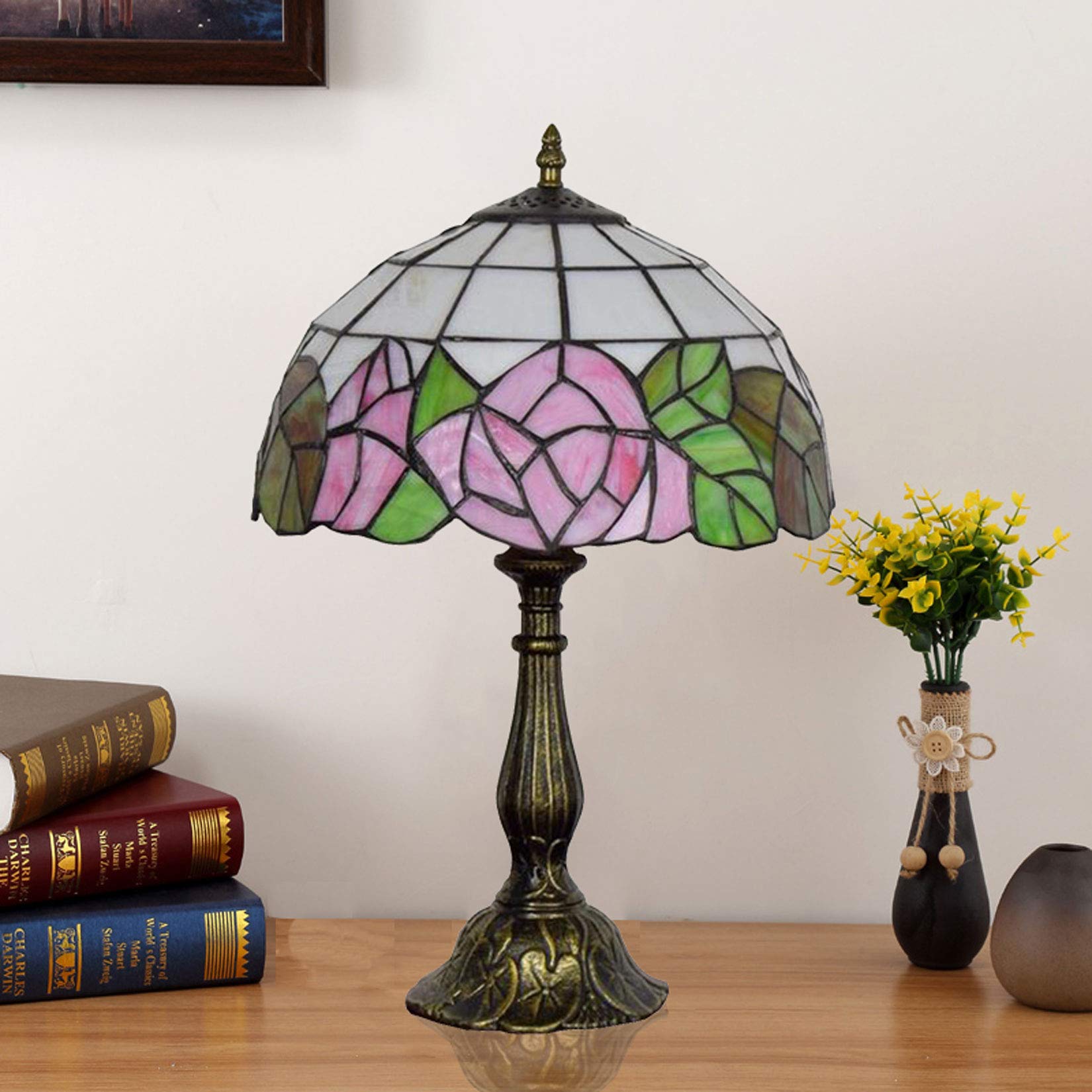 Tiffany Style Rose Flower Table Lamp - 12 Inch White Handmade Stained Glass Lamp Shade, Antique Decorative Desk Light for Living Room, Bedroom, Office | Perfect for Home Decor, Reading Nook & Gift Giving