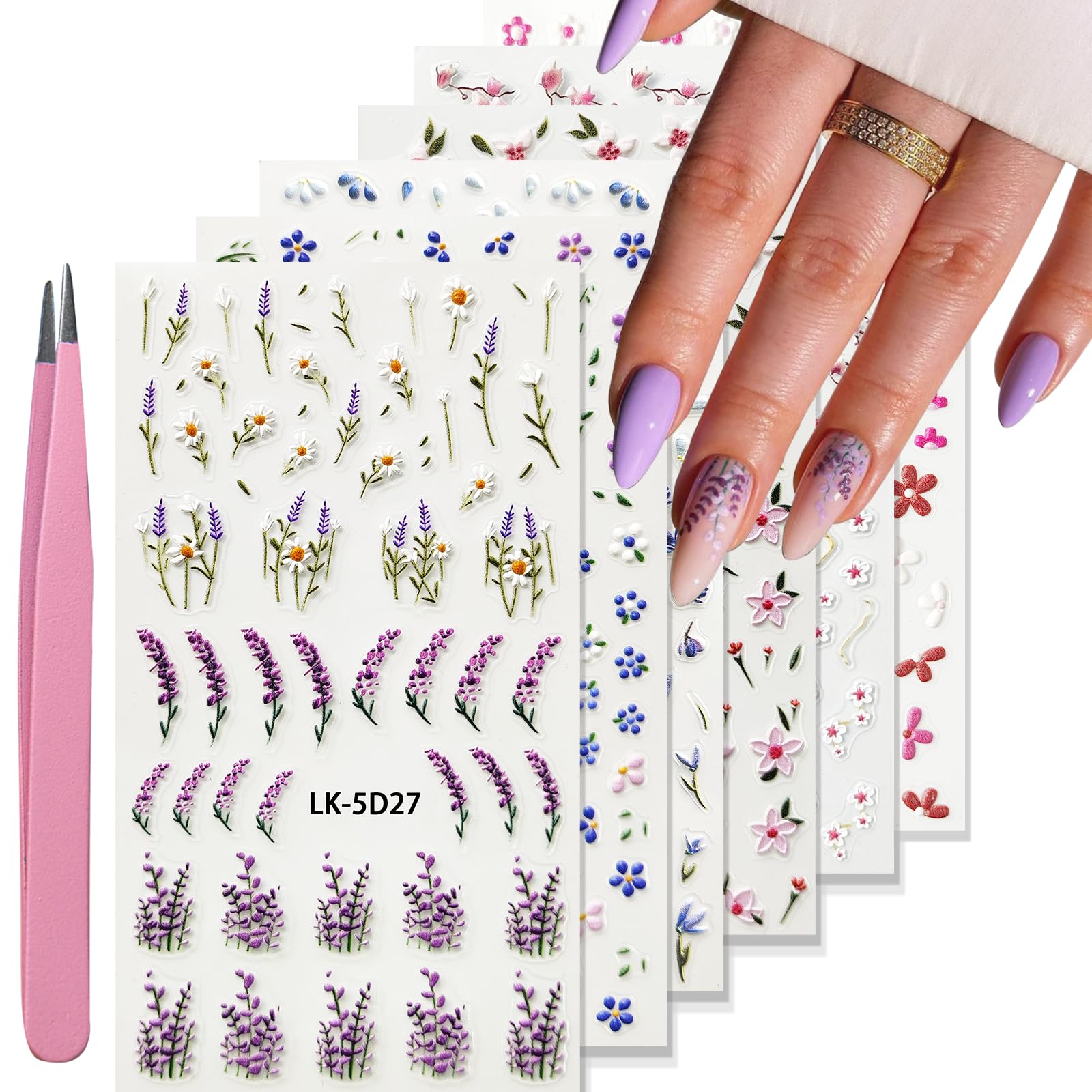 5D Embossed Flower Nail Stickers - Self-Adhesive Nail Art Decals for Women | Spring Summer Lavender Nail Design in Purple, Blue & Pink | Perfect for Manicures, Nail Salons & DIY Nail Art at Home