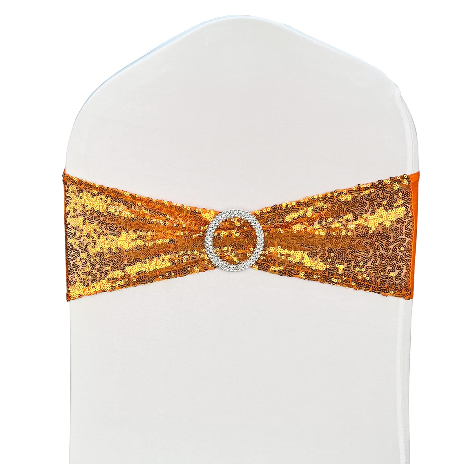 100 Pcs Sequin Stretch Chair Sashes - Spandex Polyester Chair Bands for Wedding, Banquet & Party Decorations (Orange) - Perfect for Hotel Events, Bridal Showers & Reception Decor