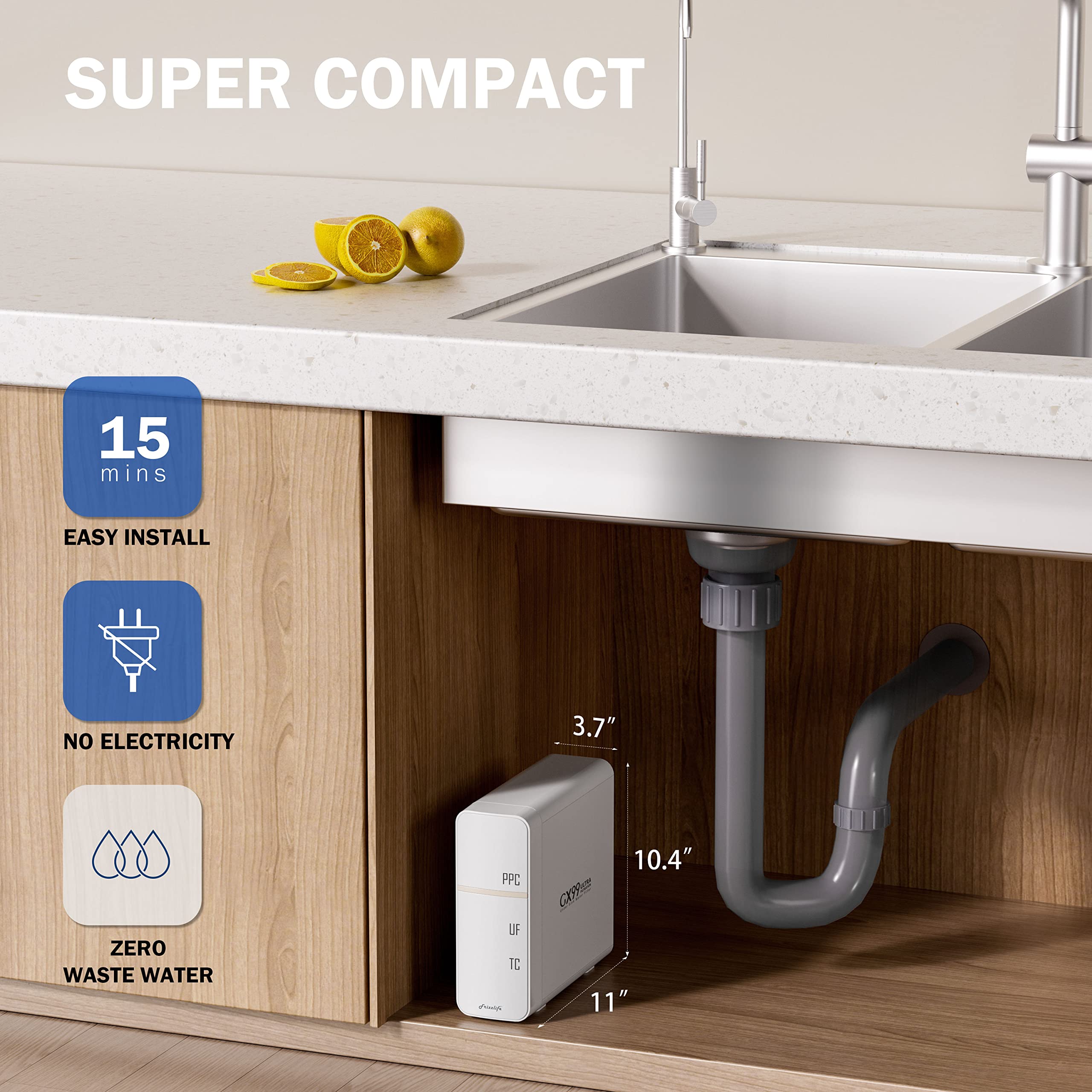 Frizzlife GX99 UF Under Sink Water Filter System - 0.01 Micron High Flow Filtration, Brushed Nickel Faucet, No Waste Water, No Power Needed | Perfect for Clean Drinking Water in Kitchens, Offices & RVs | USA Tech Support