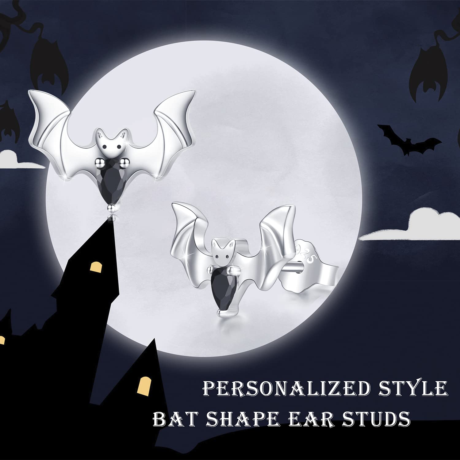 Halloween Bat Stud Earrings - S925 Sterling Silver Hypoallergenic Jewelry | Cute Animal Earrings for Women, Girls, Girlfriend, Wife & Daughter | Perfect for Costume Parties, Gothic Fashion & Everyday Wear