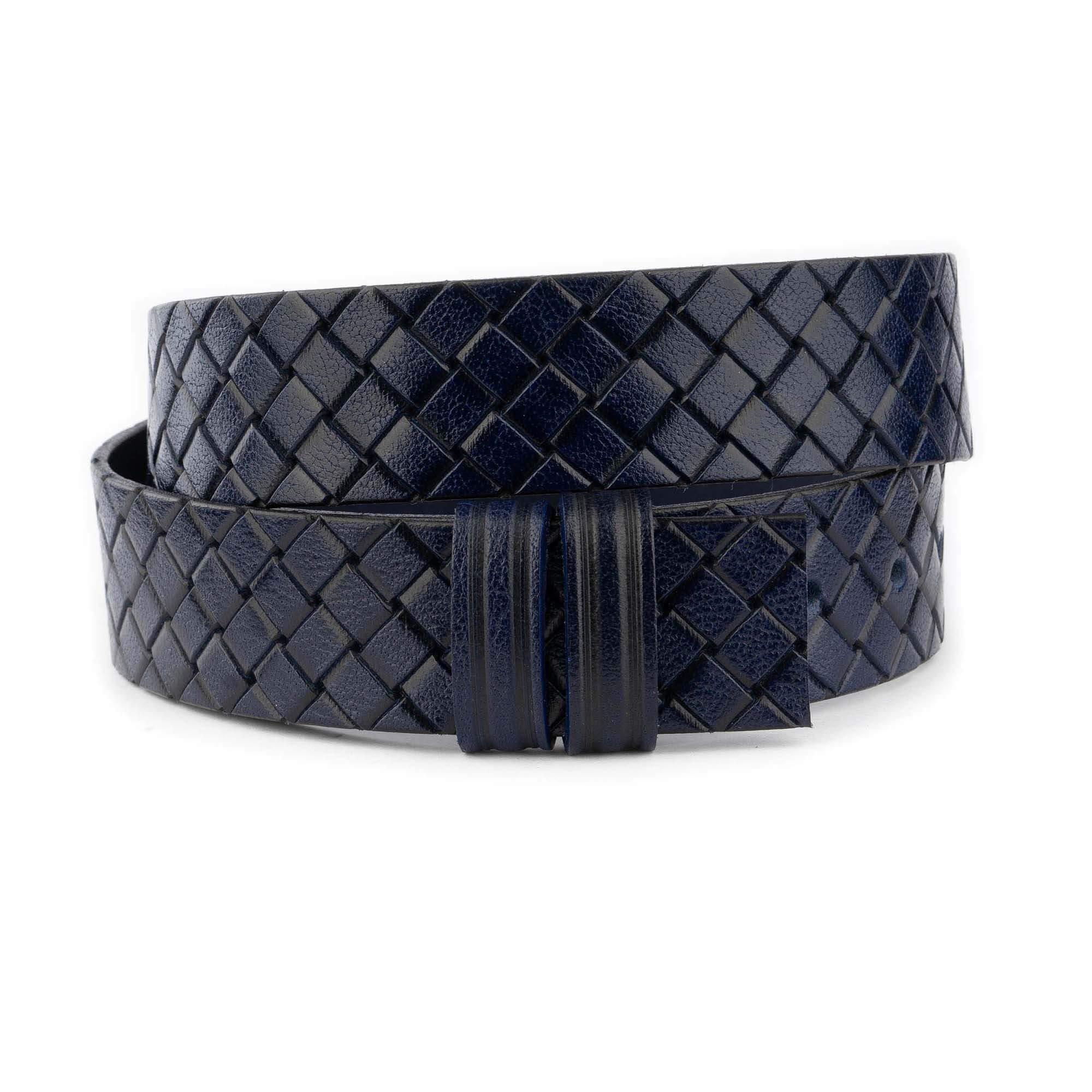 Luxury Dark Blue Leather Belt Strap for Montblanc Buckles - Handwoven Embossed Designer Replacement Band | Perfect for Business Attire & Formal Occasions