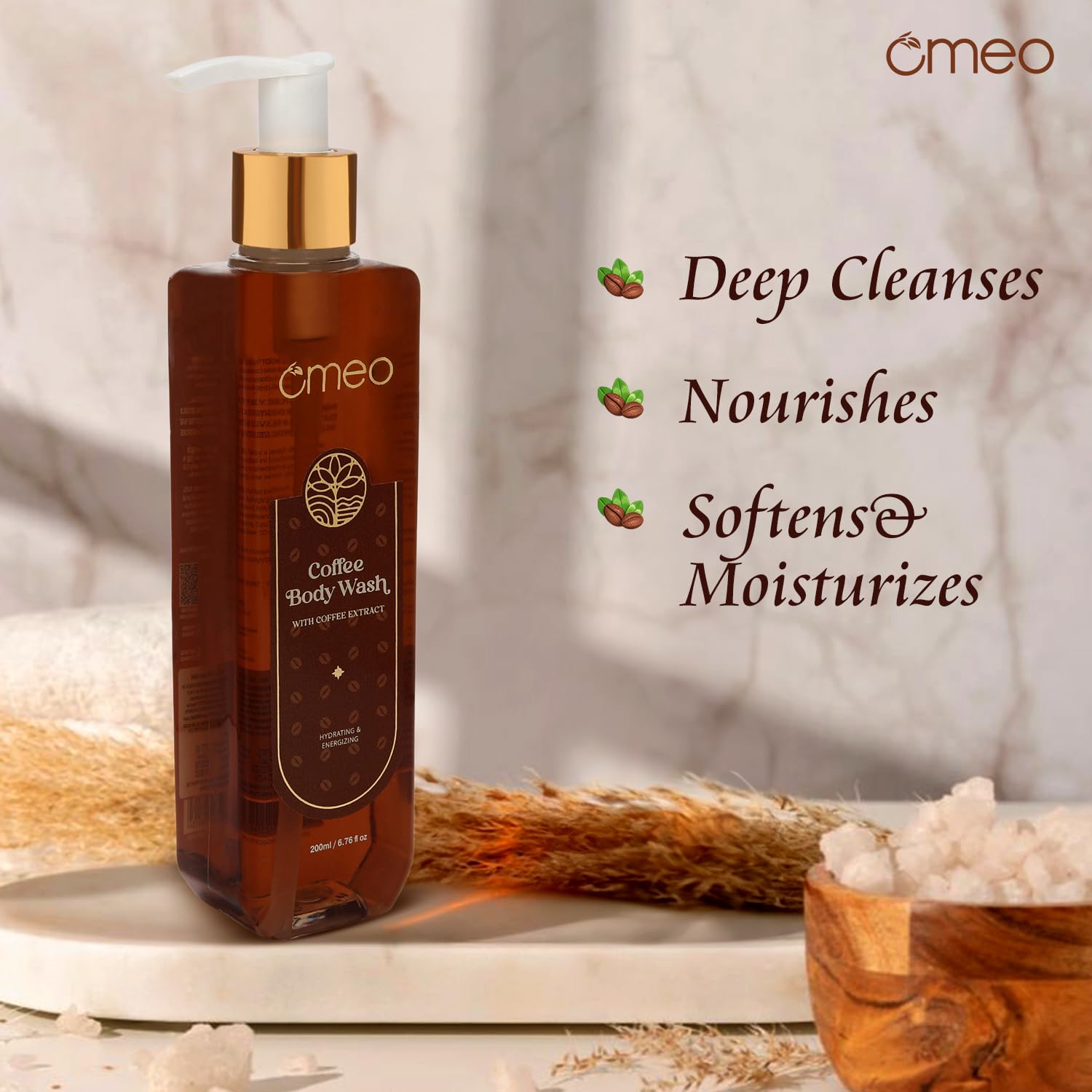 Omeo Coffee Moisturising Body Wash for Dry Skin - 200ml Hydrating Shower Gel with Antioxidants | Perfect for Morning Energy Boost & Relaxing Nighttime Routine