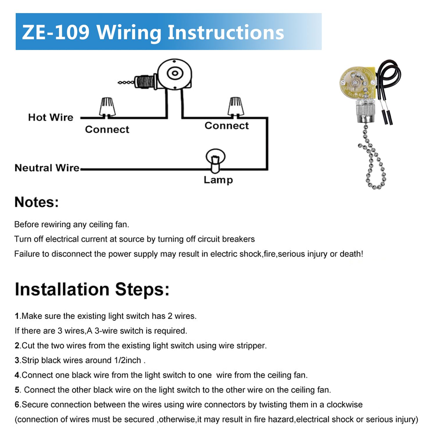 Zing Ear ZE-109 Ceiling Fan Light Switch - On/Off Speed Control with Beaded Pull Chain Extension - Compatible with Hunter Ceiling Fans, Lamps & Wall Lights (Nickel Finish) - Perfect for Bedroom, Living Room & Office Lighting Control