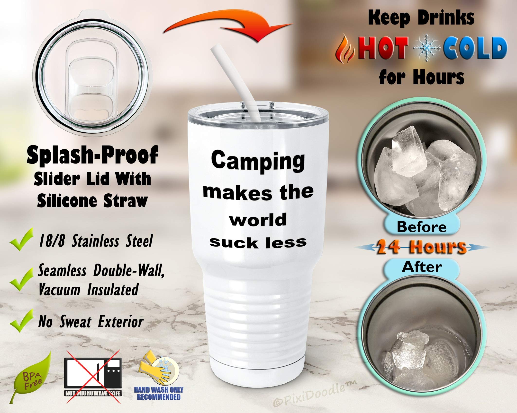PixiDoodle Camper 30oz Insulated Tumbler with Spill-Proof Sliding Lid & Silicone Straw - Perfect for Camping, Travel, and Outdoor Adventures - BPA-Free Stainless Steel Vacuum Flask (White)