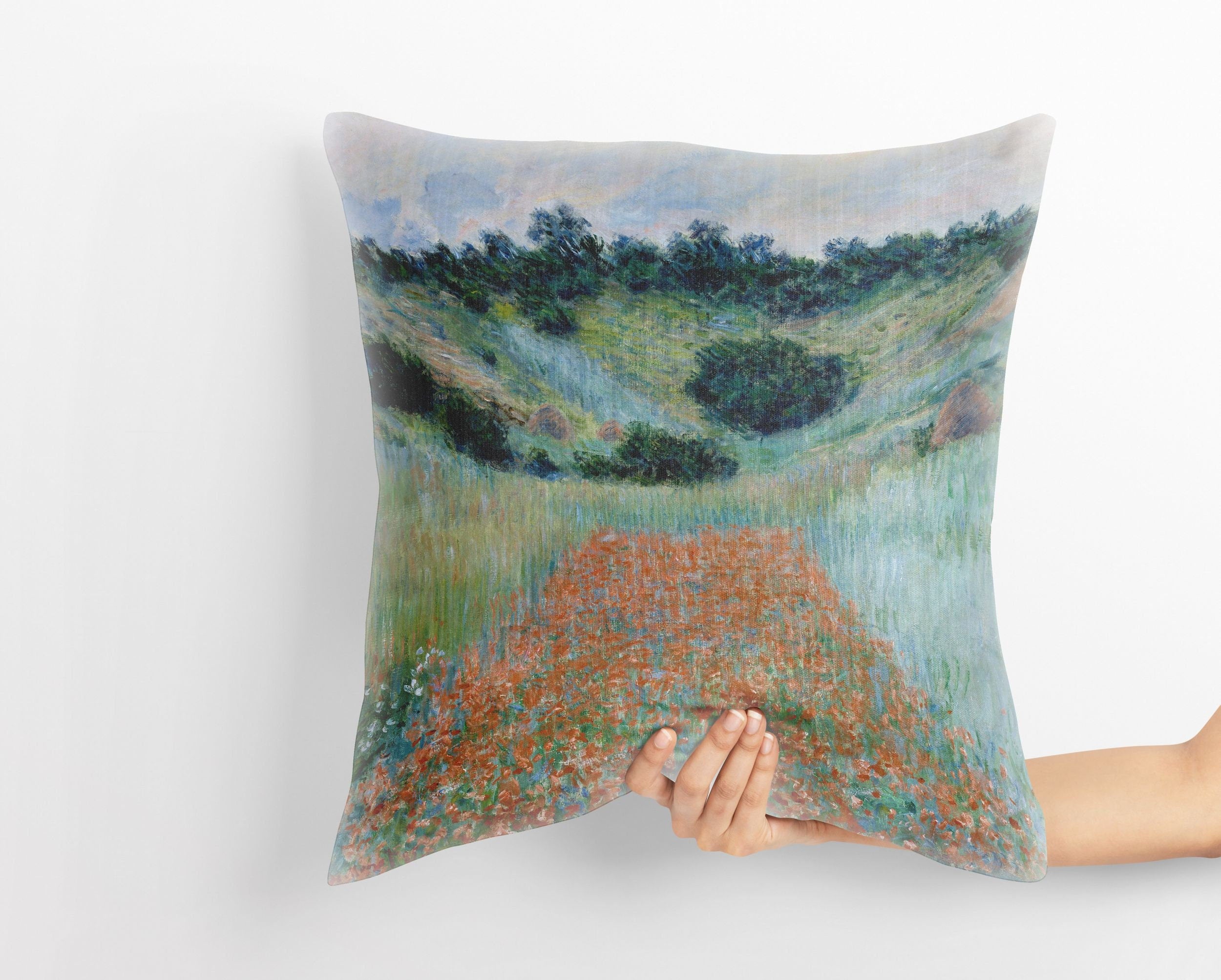 Claude Monet Famous Painting 'Field in a Hollow near Giverny' Abstract Art Pillow Cover - 18x18 Inch Decorative Throw Pillow Case in Red & Green for Living Room, Bedroom & Home Decor