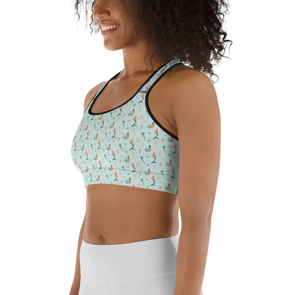 High Support Sports Bra for Women - Mermaid Sea Print Gym Workout Top - Perfect for Yoga, Running & Fitness Training