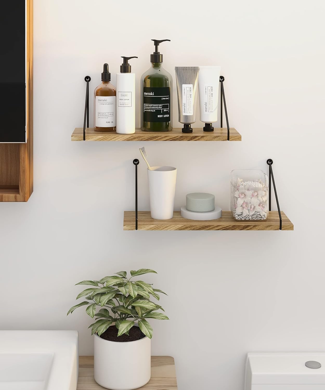 Rustic Floating Shelves for Wall - Set of 2 Wooden Storage Shelves with Metal Brackets - Perfect for Bathroom, Kitchen, Bedroom, Living Room & Office Decor - Farmhouse Style Home Accessories for Organizing & Displaying Items