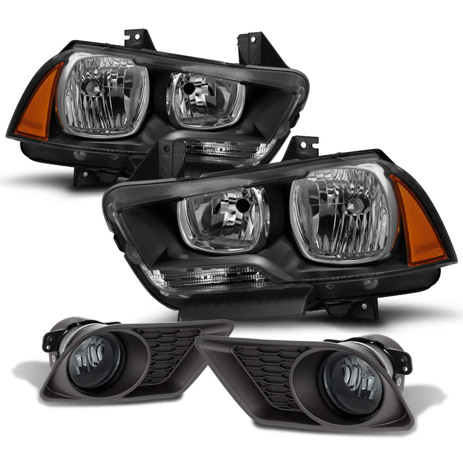 AKKON Black Headlights & Smoked Bumper Fog Lights Replacement Pair for 2011-2014 Dodge Charger (Halogen Type) - Left & Right Side - Perfect for Night Driving & Car Upgrades