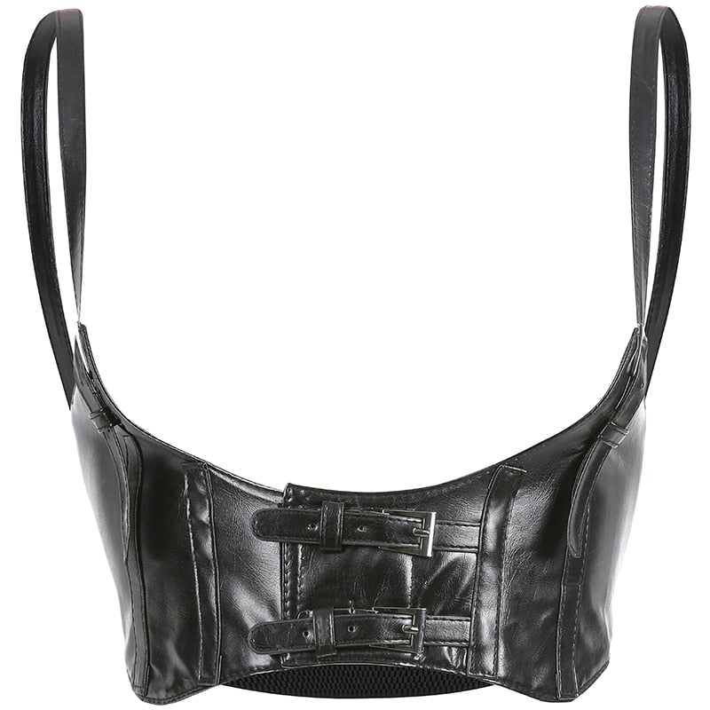 Black Punk Leather Crop Top for Women - Adjustable Spaghetti Strap Sexy Streetwear Vest | Perfect for Summer Outfits, Music Festivals & Night Out Clubbing