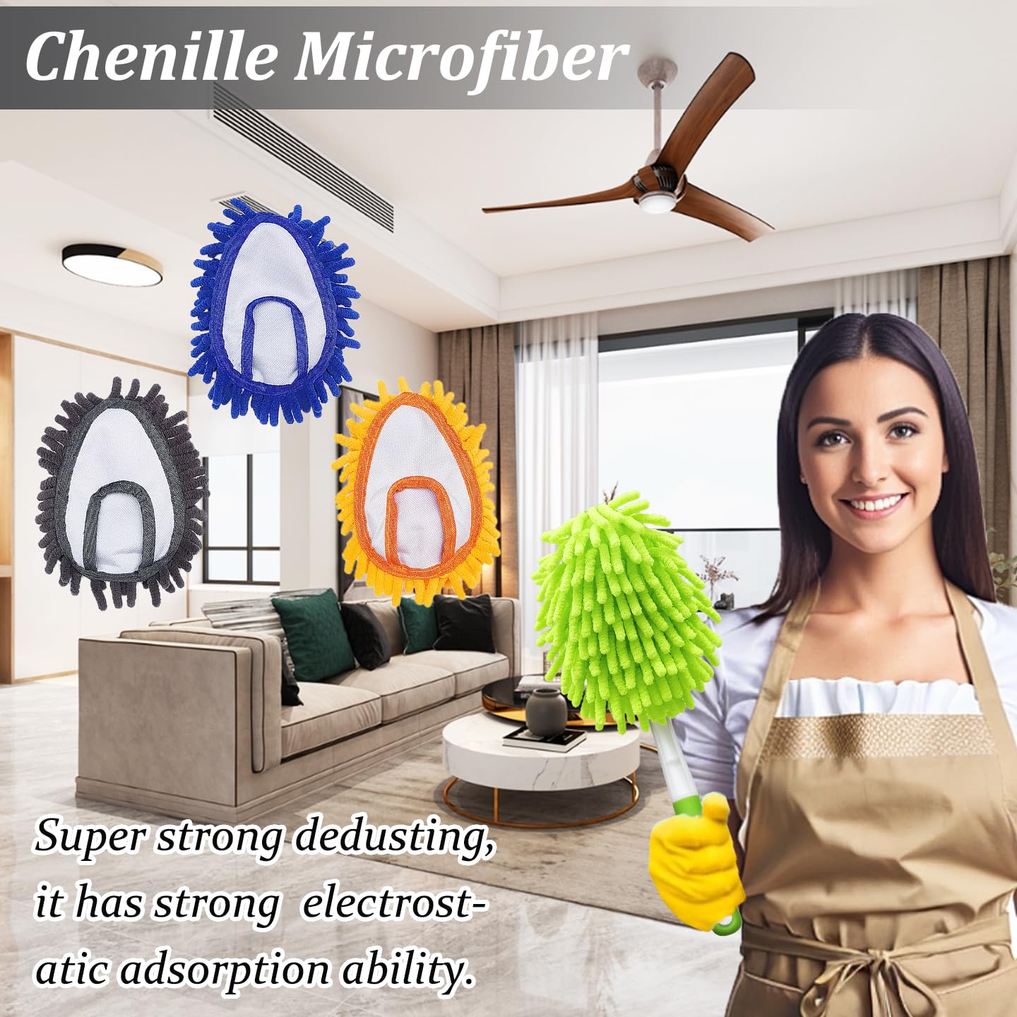 13 Inch Microfiber Feather Duster with 4 Washable Heads - Car, Home & Office Cleaning Tool for Windows, Tables, Furniture, Walls, Fans & Screens - Ideal for Dusting Hard-to-Reach Areas & Delicate Surfaces