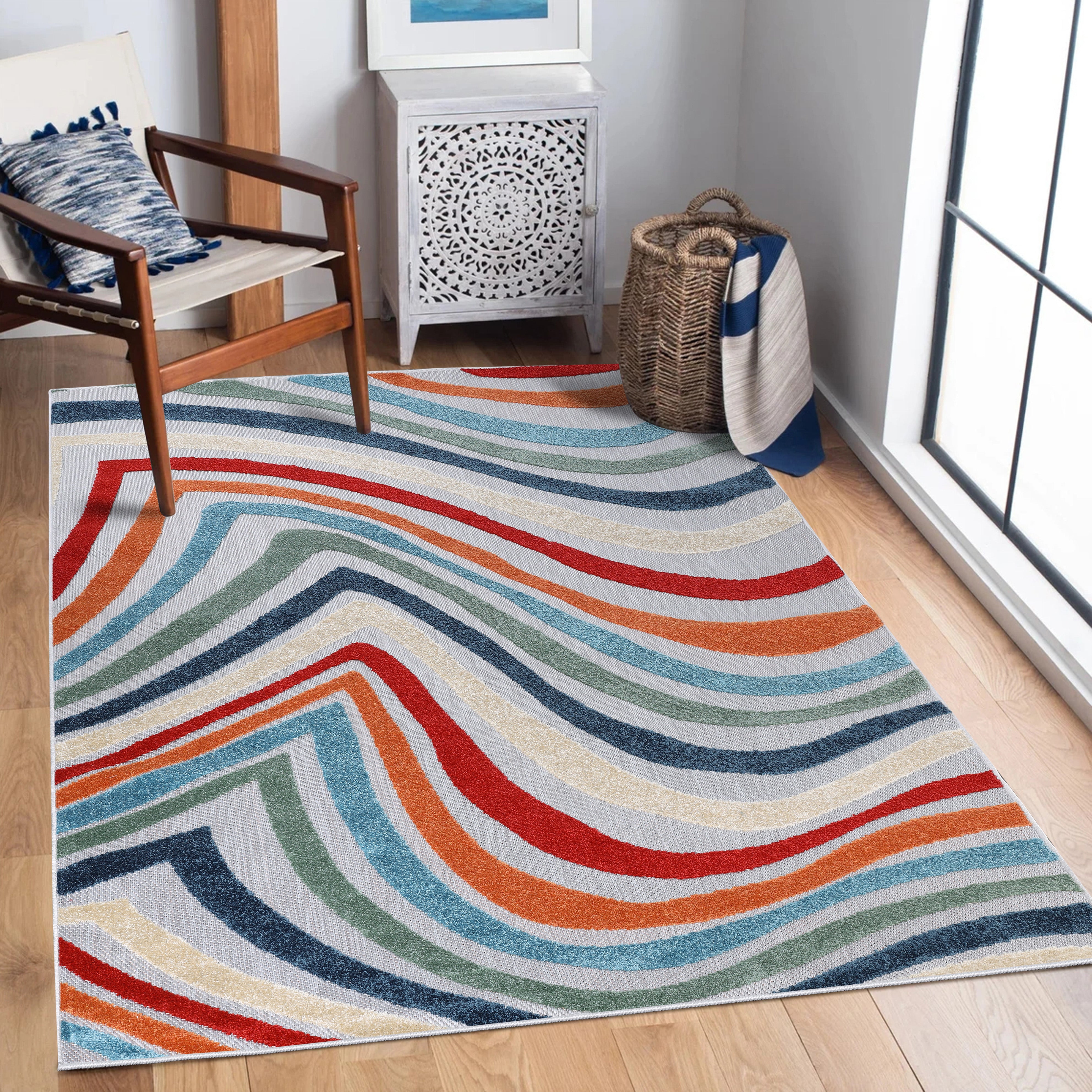 Wave Coastal Striped Indoor Outdoor Area Rug - Soft Non-Slip Decorative Carpet for Living Room, Bedroom, Patio & Beach House Decor