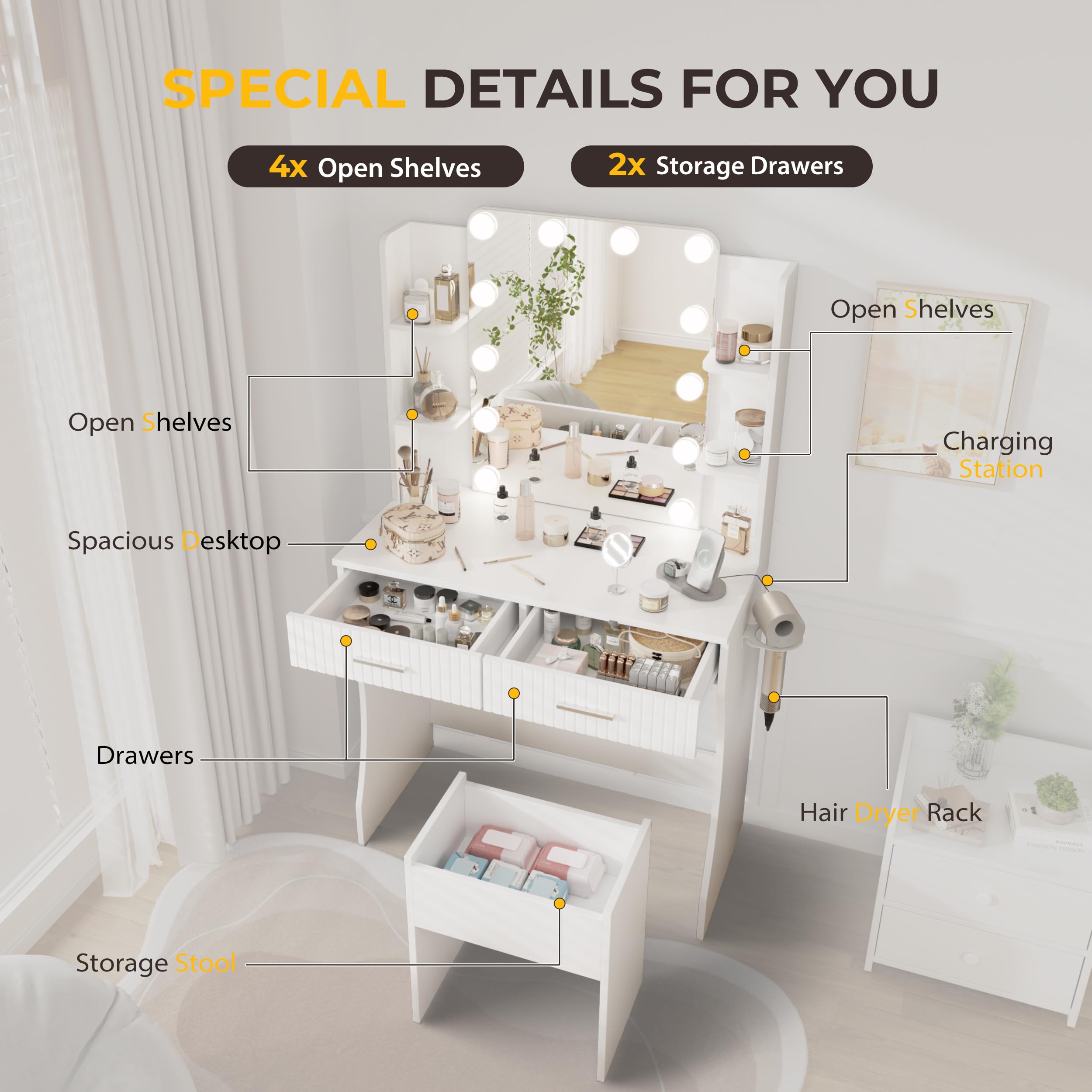 LED Vanity Desk with Lighted Mirror - Adjustable Makeup Vanity Set with 3 Lights, 2 Drawers & 4 Shelves, Includes Storage Stool - Perfect for Bedroom, Dressing Room & Beauty Salon (White)