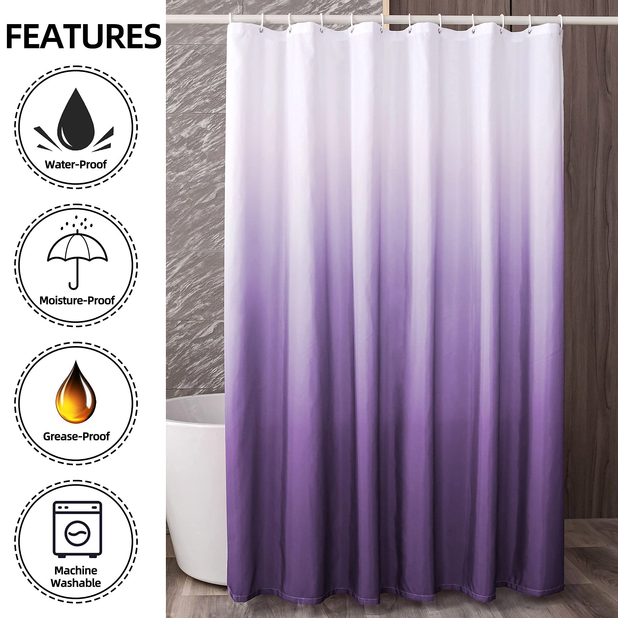 YI & ZE Ombre Dark Purple Shower Curtain Set - Waterproof Polyester Fabric Bathroom Decor with 12 Hooks (72x84 inches) - Modern Bath Accessories for Stylish Home & Hotel Use