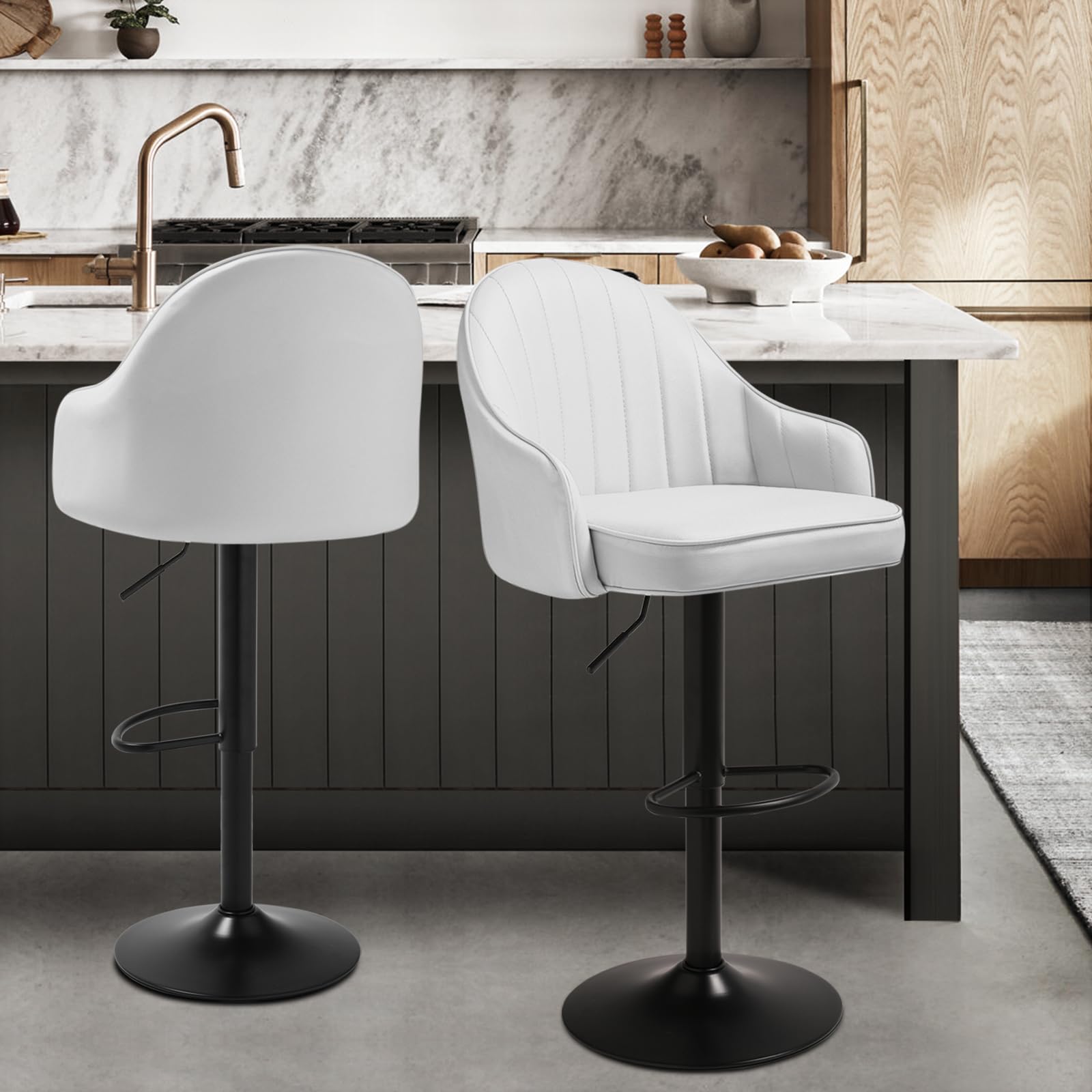 Premium Leather Bar Stools Set of 2 - Adjustable Height Counter Stools with Back Support for Kitchen Island, Home Bar & Dining Room - Modern White Bar Chairs for Entertaining & Casual Seating