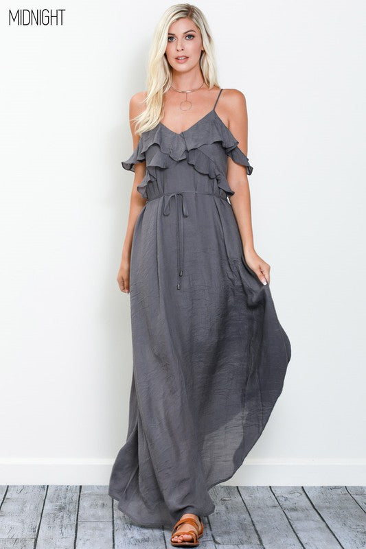 Whimsical Ruffle Maxi Dress in Midnight Black - Elegant Long Flowy Dress for Women, Perfect for Evening Parties, Weddings & Special Occasions