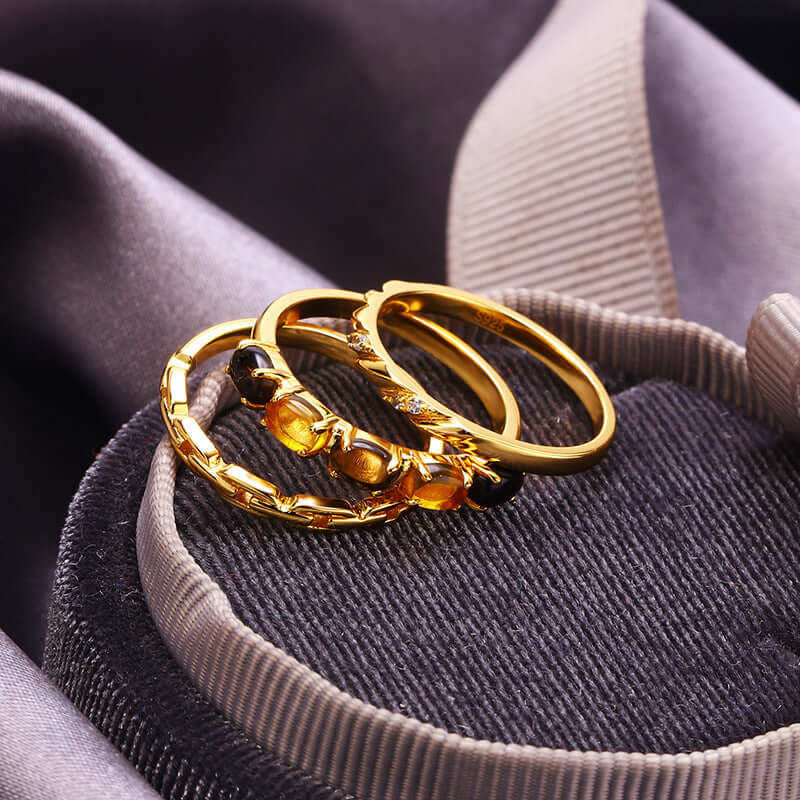Vintage Citrine and Smoky Quartz Stacking Rings Set for Women | Elegant Boho Jewelry Gift for Birthday, Anniversary & Party | TB1502