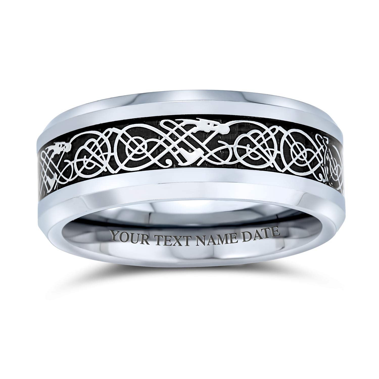 Personalized Two-Tone Celtic Knot Dragon Carbon Fiber Inlay Titanium Wedding Band Rings for Men & Women - Comfort Fit 8mm Wide in Blue, Black & Gold - Perfect for Couples, Anniversaries & Unique Gifts