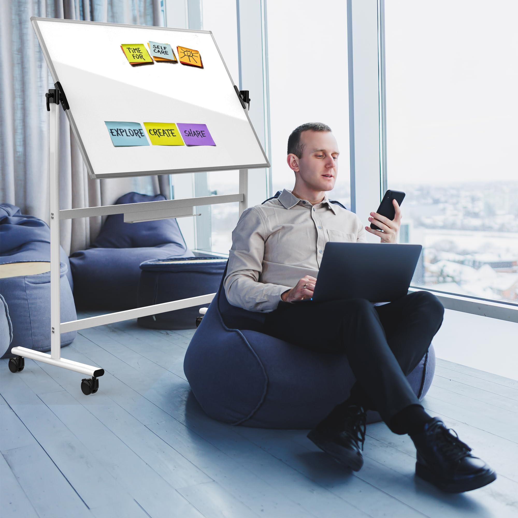 Adjustable Angle Rolling Whiteboard with Stand - Mobile Dry Erase Board on Wheels for Homeschooling, Office Meetings & Classroom Presentations (White)