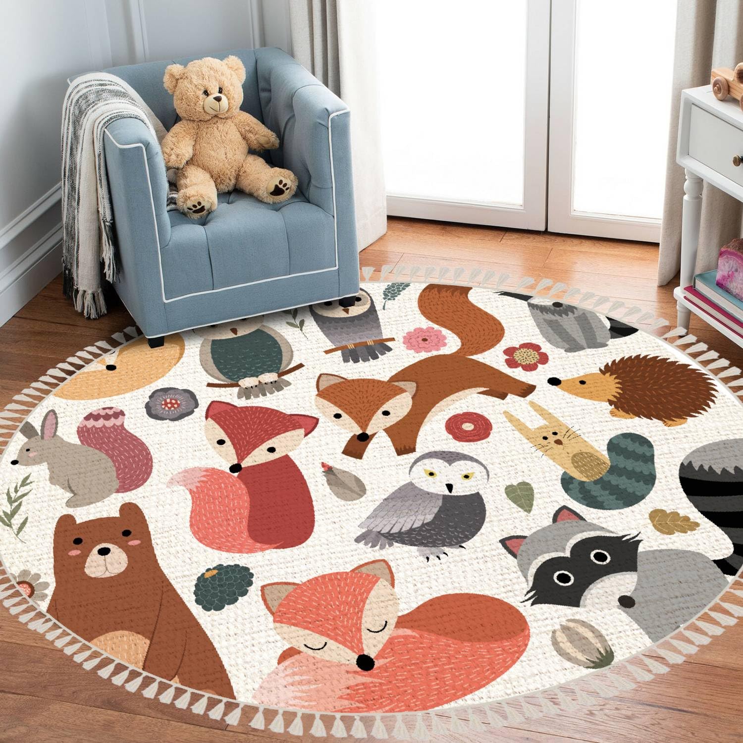Boho Round Rugs with Woodland Animals - Cute Forest Design 3ft Washable Area Rug in Linen & Cotton for Bedroom, Bathroom, Hallway | Perfect for Meditation Spaces & Boho Home Decor