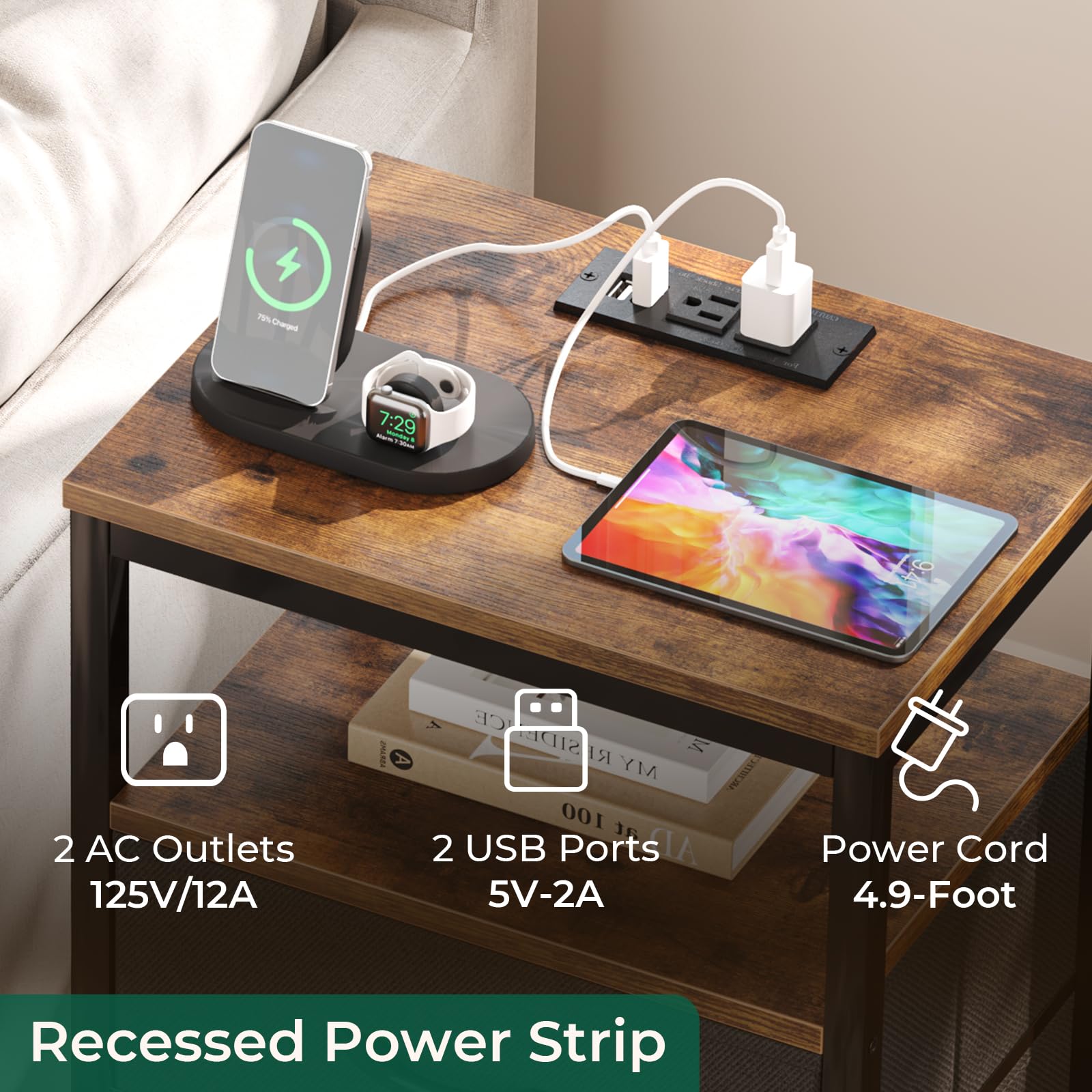 Huuger Nightstands Set of 2 - 27.6 Inch Rustic Brown and Black Bedside Tables with USB Charging Station, Fabric Drawers & Outlet - Perfect for Bedroom, Living Room or Guest Room Night Stands