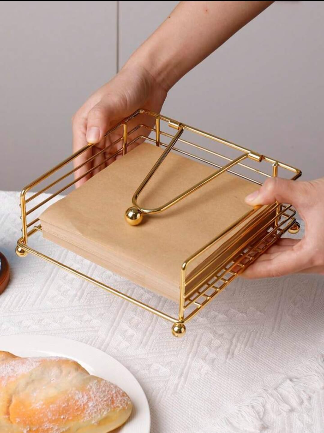 CentraLit Modern Square Napkin Holder with Weighted Arm - Gold Tissue Paper Dispenser for Kitchen, Dining Table, Restaurant, Farmhouse - Perfect for Home Decor, Hotel Tableware & Diwali Decoration - Durable & Stylish Tabletop Organizer