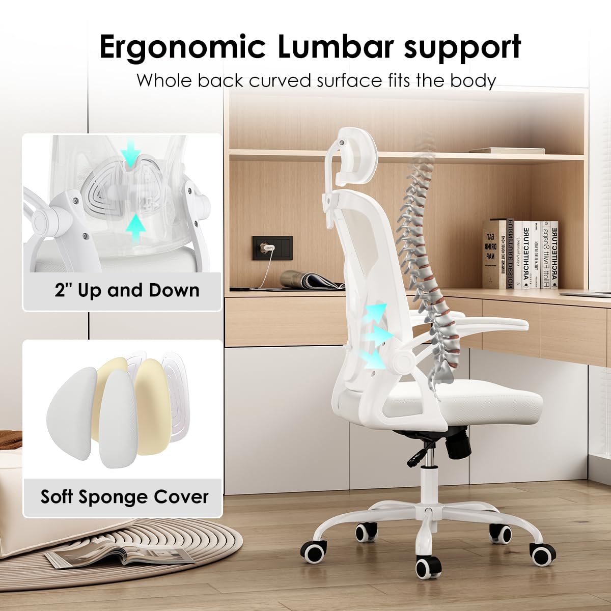 Farini Ergonomic Office Chair with Headrest - High Back Computer Desk Chair with Adjustable Lumbar Support & Flip-Up Armrests for Home Office, Study Room - All-White | Perfect for Long Work Hours, Gaming & Remote Work