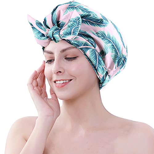 Waterproof Reusable Shower Cap for Women & Girls - Large Adjustable Elastic Hair Cap with Bow for Long Hair & Braids (Pink) | Perfect for Bathing, Swimming & Hair Care Routines