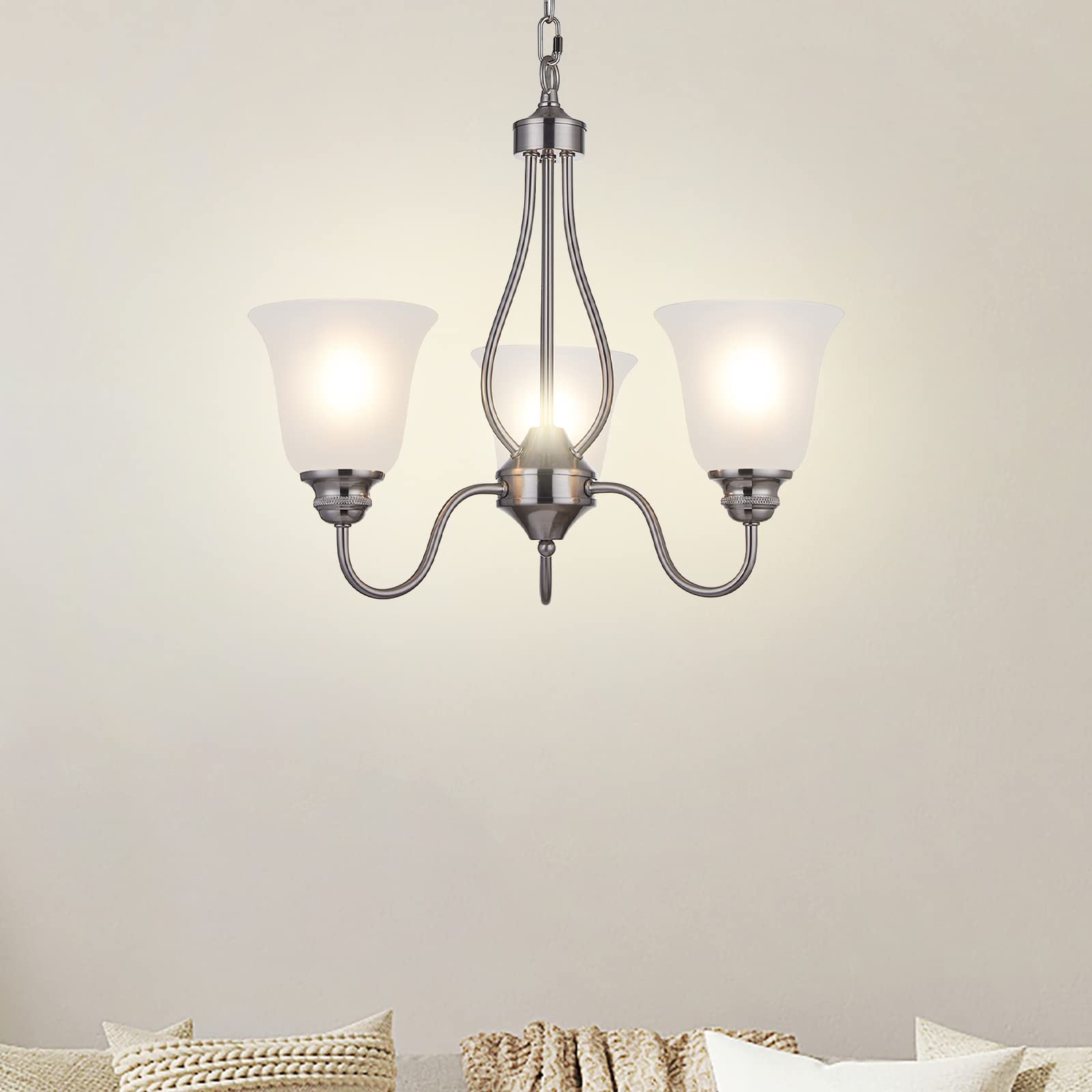3-Light Brushed Nickel Chandelier - Classic Frosted Glass Ceiling Light Fixture for Dining Room, Living Room & Hallway | Energy Efficient LED Compatible (Bulbs Not Included) | Perfect for Home Decor, Office Meetings & Elegant Gatherings