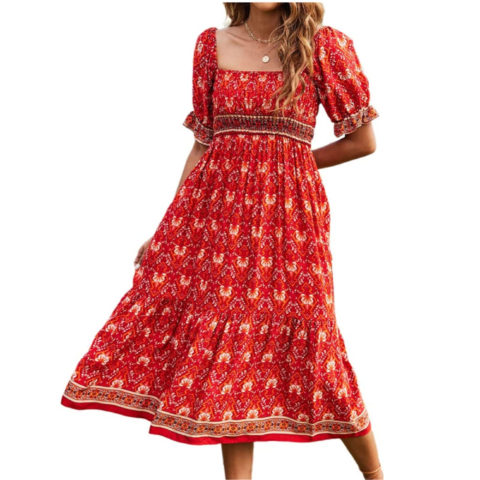 Women's Floral Puff Sleeve Maxi Dress - Bohemian V Neck Tiered Long Sundress for Casual Summer Wear | Perfect for Beach Vacations, Music Festivals and Boho Chic Outfits