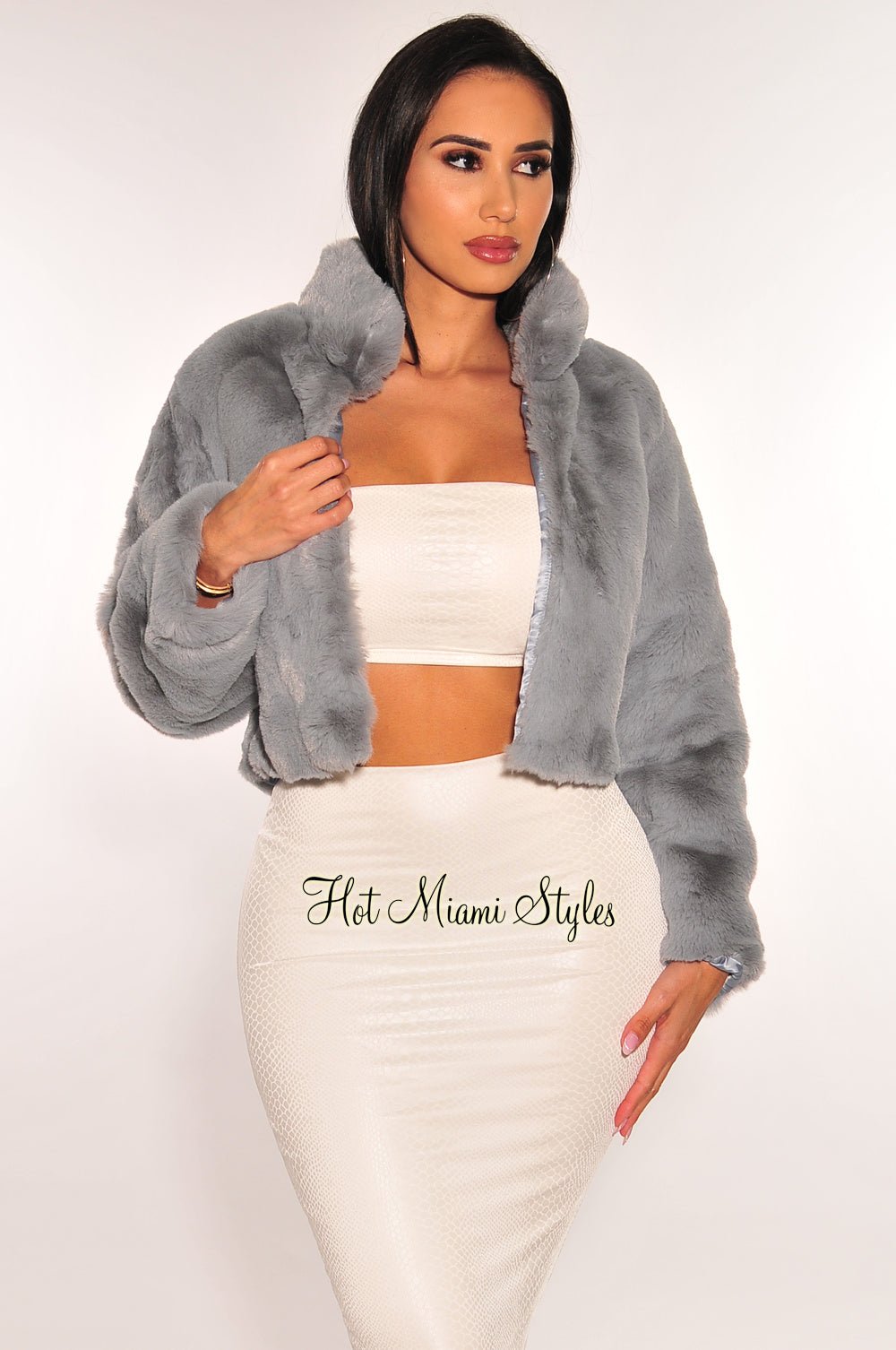 Dusty Blue Faux Fur Collar Long Sleeve Cropped Jacket for Women - Stylish Winter Outerwear for Casual Outings & Date Nights