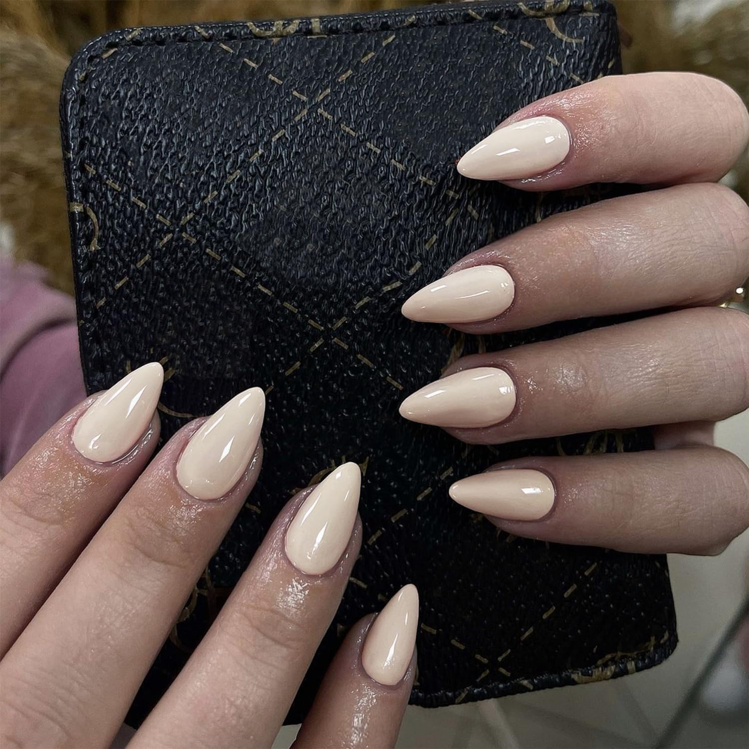 Beige Press on Nails Short Almond Shape - 30Pcs Natural Acrylic Fake Nails with Glue for Big & Small Hands | Thick Handmade Gel Nails for Everyday Wear, Office, Date Night & Special Occasions