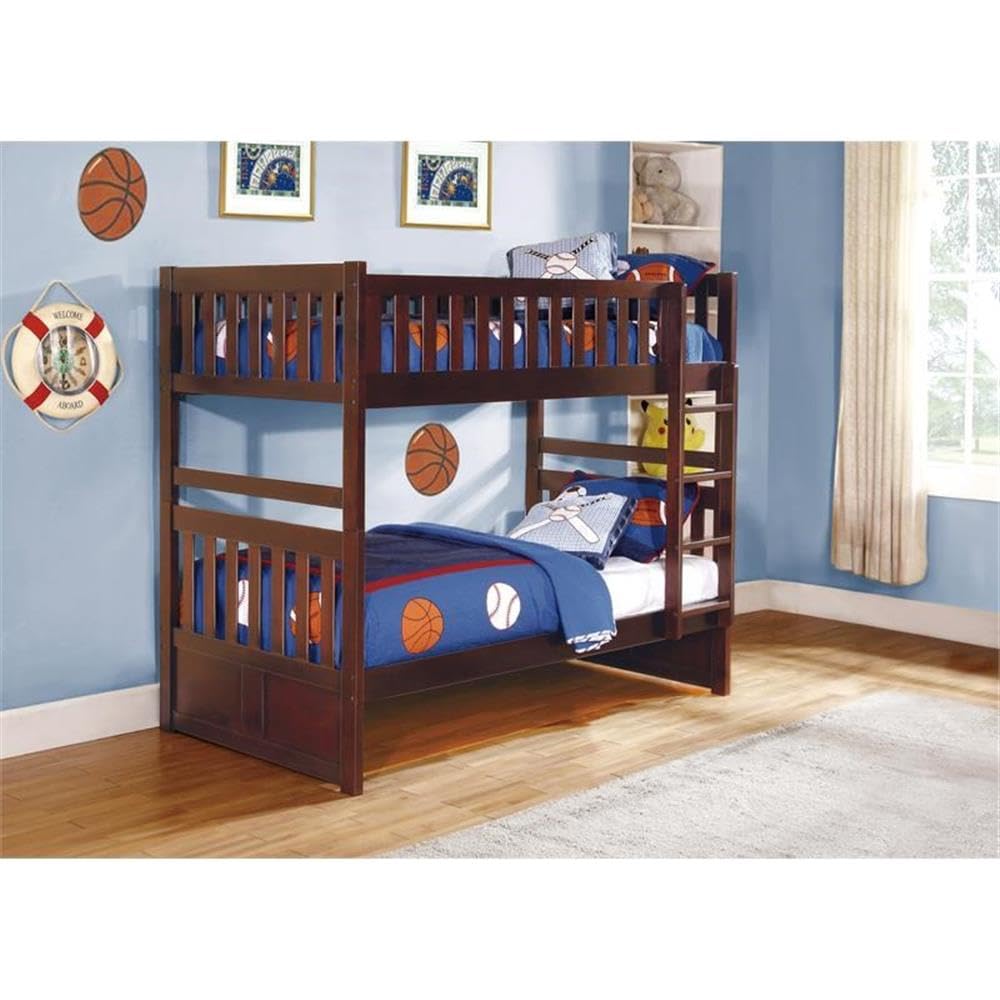 Pemberly Row Transitional Wood Twin Over Twin Bunk Bed in Dark Cherry - Space-Saving Kids Bedroom Furniture for Siblings or Sleepovers