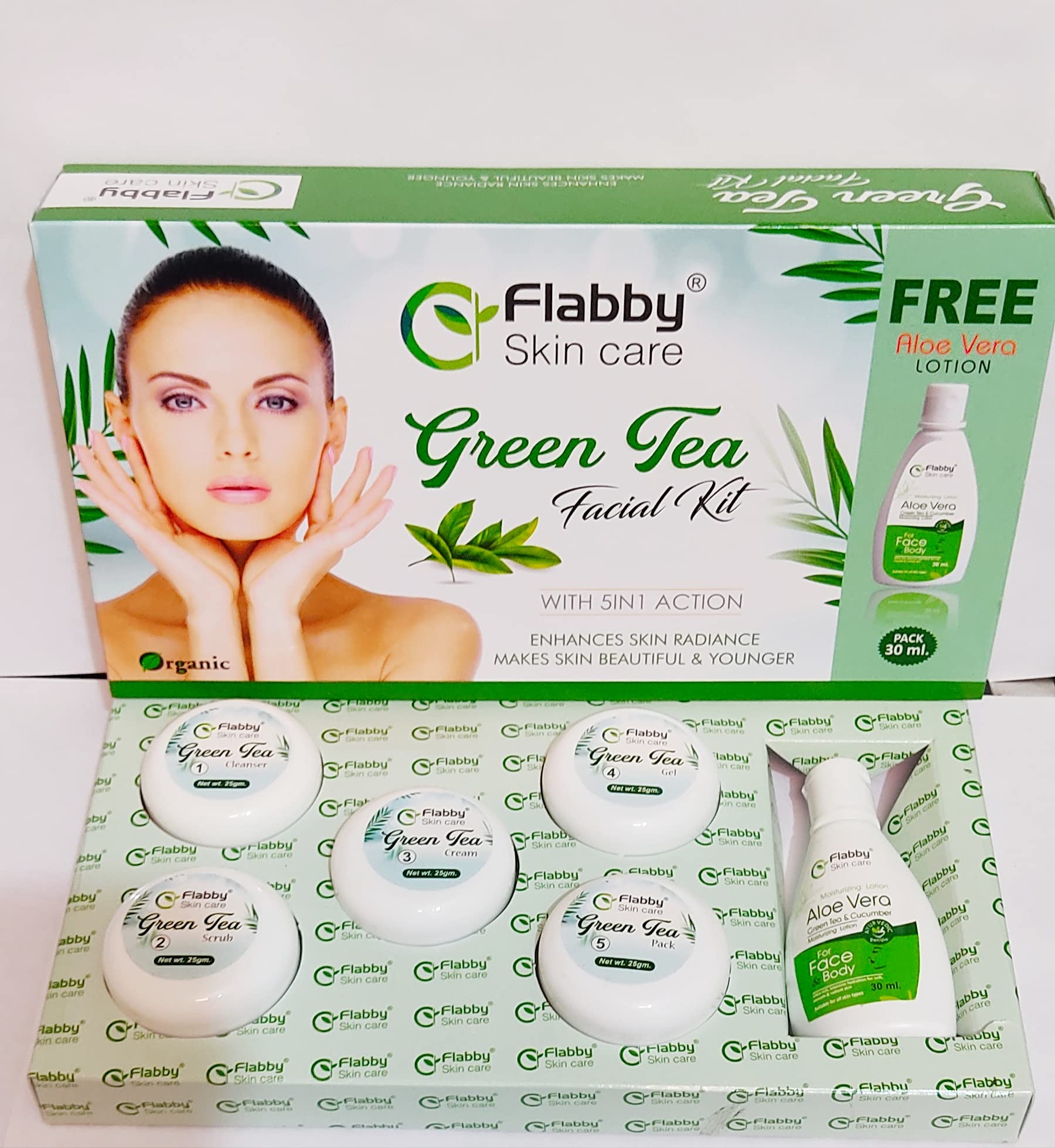 **Green Tea Facial Kit for Flabby Skin Care - 5-in-1 Anti-Aging Set with Aloe Vera Lotion (30ml) | Brightens, Firms & Rejuvenates Skin | Perfect for Daily Skincare & Spa Treatments**