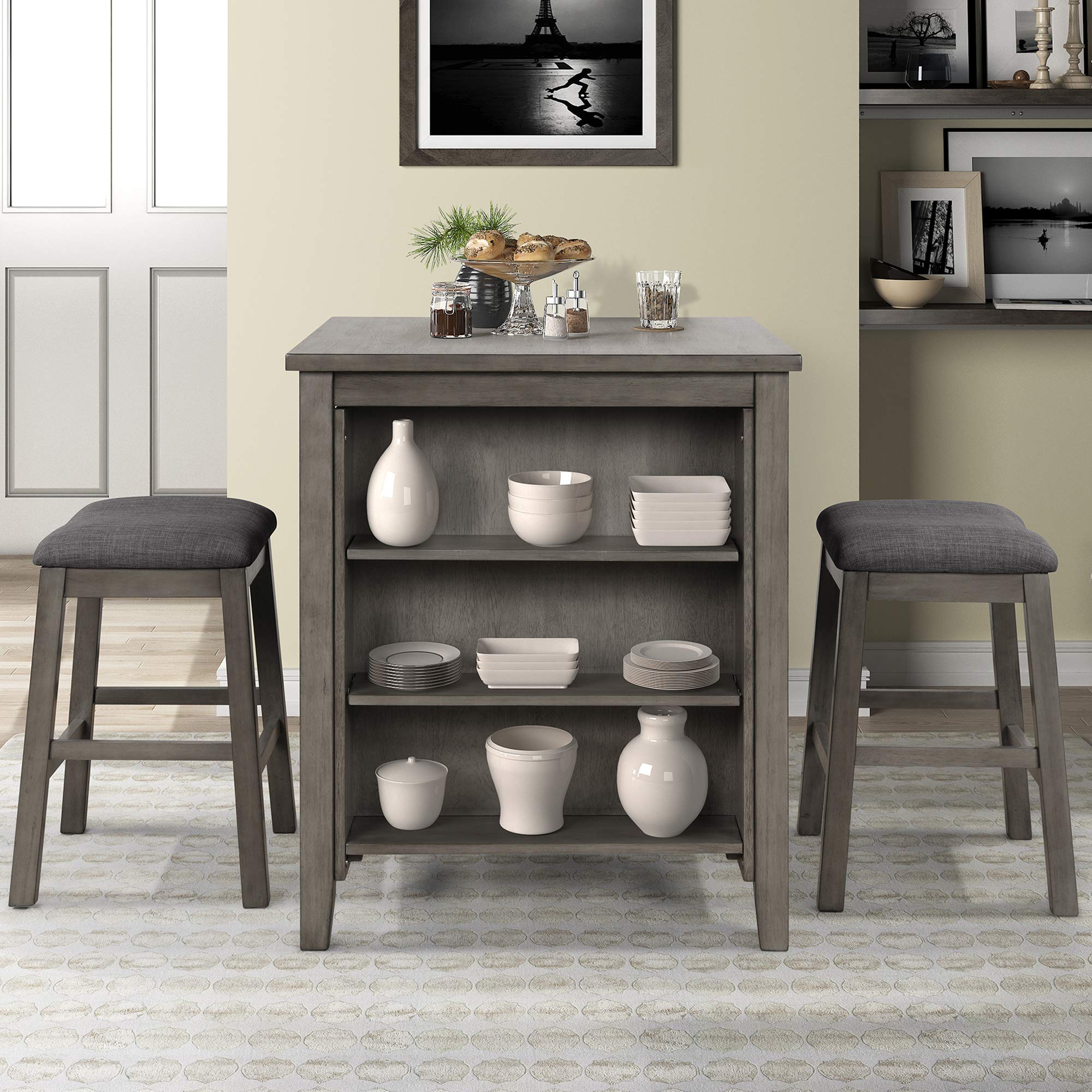 3-Piece Wooden Square Kitchen Table Set with Padded Stools & Storage Shelf - Compact Dining Room Furniture for Small Spaces - Perfect for Apartments, Breakfast Nooks, and Cozy Kitchens (Dark Gray)