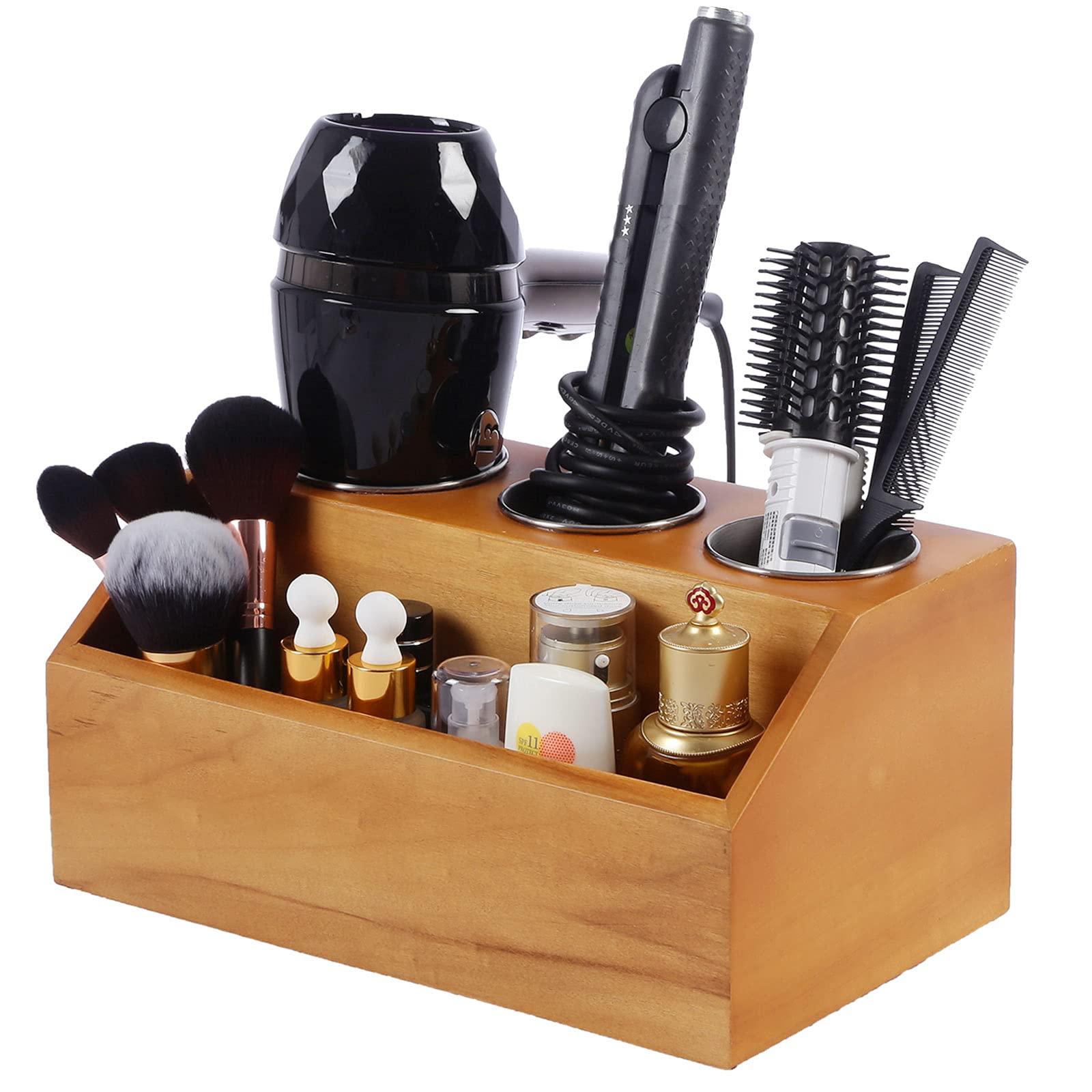 Satauko 3-Hole Wooden Hair Dryer Holder - Wall Mount Organizer for Hair Straightener, Brushes, Blow Dryer, Flat Iron & Curling Iron - Bathroom Vanity Storage Solution for Hair Tools (Perfect for Small Spaces & Salon-Style Organization)