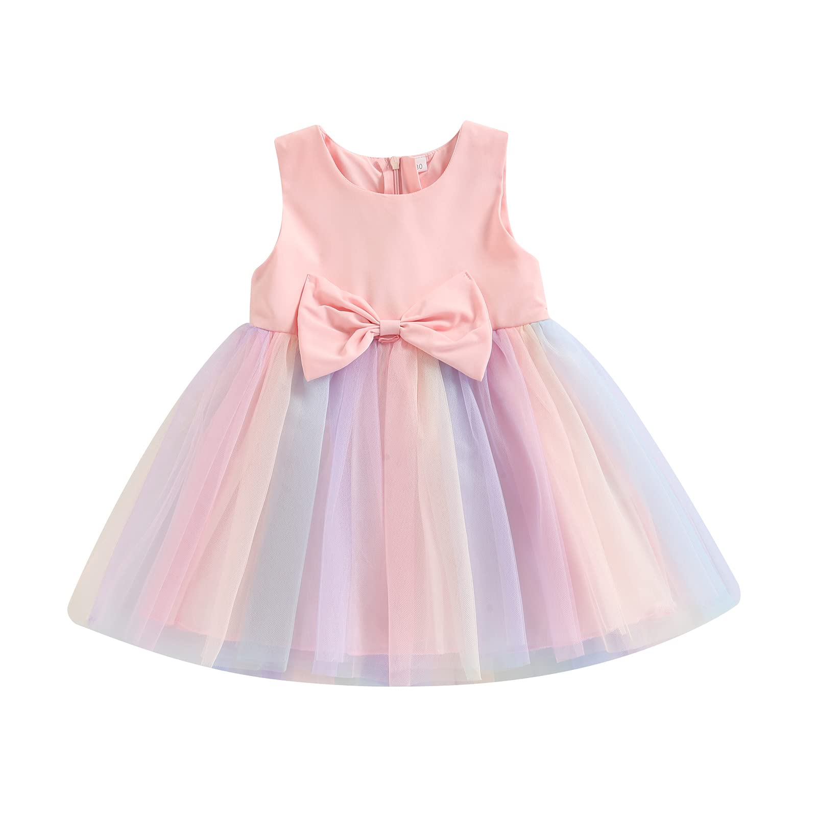 Pink Sleeveless Rainbow Ruffled Tulle Tutu Dress for Toddler Girls - Princess Party Dress with Bowknot for Summer Pageants & Special Occasions | Perfect for Birthday Parties, Photo Shoots & Dance Performances